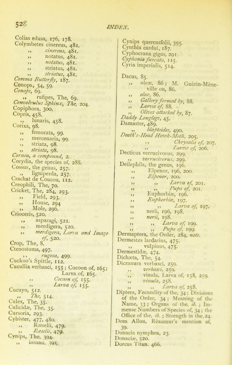 Colias edusa, 176, 178. Colymbetes cinereus, 481. cintrais, 481. »> notatus, 481. u notatus, 481. O striatus, 481. >, striatus, 481. Comma Butterfly, 187. Conops, 54, 59. Conops, 69. » rufipes, The, 69. Convolvulus Sphinx, The, 204. Copiphora, 300. Copris, 458. 11 lunaris, 41:8. Corixa, 98. ,, femorata, 99. 1, mercenaria, 99. 1, striata, 98. ,, striata, 98. Cornea, a compound, 2. Corydia, the species of, 288. Cossus, the genus, 257. „ ligniperda, 257. Crachat de Coucou, 112. Creophili, The, 70. Cricket, The, 284, 293. „ Field, 293. ,, House, 294 ,, Mole, 296. Crioceris, 520. ,, asparagi, 521. ,, merdigera, 520. 11 merdigera, Larva and Imaeo of 520. Crop, The, 8. Ctenostoma, 497. 11 rugosa, 499. Cuckoo’s Spittle, 112. Cucullia verbasci, 155 ; Cocoon of, 165; Larva of, 165. 1, Cocoon of, 155. ,, Larva of 155. Cucuyo, 512. ,, The, 514. Culex, The, 35. Culicida:, The, 35. Cursoria, 293. Cybister, 477, 480. ,, Kæselii, 479. 1, Kæselii, 479. Cynips, The. 304. ,, insana. tgç. INDEX. Cynips quercusfolii, 395. Cynthia cardui, 187. Cyphocrana gigas, 291. Cyphoniafur cota, 115. Cyria imperialis, 514. Dacus, 85. ii oleæ, 86 ; M. Guérin-Méne ville on, 86. ,, oleæ, 86. ,, Gallery formed by, 88. ,, Larva: of, 88. ,, Olives attackcd by, 87. Daddy Long/egs, 45. Damaster, 489. ,, blaptoides, 490. Death's-Head Hcnvk-Moth. 205. I > Chrysalis of, 207. II Larva- of, 206. Decticus verrucivorus, 299. ,, verrucivorus, 299. Deilephila, the genus, 196. „ Elpenor, 196, 200. ,, Elpenor, 200. 11 ii Larva of, 201. 11 11 Pupa of, 201. ,, Euphorbiæ, 196. ,, Euphorbiæ, 197. 11 11 Lar-va of, 197. „ nerii, 196, 198. ,, nerii, 198. 11 „ Larva of, 199. 11 11 Pupa of, 199. Dermaptera, the Order, 284, note. Dermestes lardarius, 475. „ vulpinus, 475. Dermestidæ, 474. Dichæta, The, 54. Dicranura verbasci, 259. ,, verbasci. 259. ,, vinula. I.arva of, 15S. 2:9. „ vinula, 25S. 11 11 Ijrrva of 25S. Diptera, Fecunditv of the, 34 : Divisions of the Order, 34 ; Meaning of the Naine, 33 ; Organs of the. ib. ; Im- mense Numbers of Sjiecies of, 34 ; the Office of the. ib. ; Strength in the. 24. Dont Allou, Réauiuur's mention of, 39- . Donacia nymphéa, 23. Donaciæ, 520. Dorcus Titan. 466.