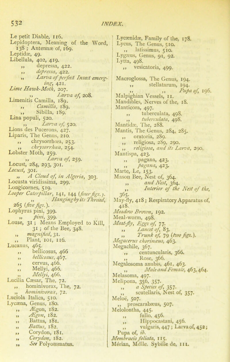 Le petit Diable, 116. Lepidoptera, Meaning of the Word, 138 ; Antennæ of, 169. Leptidæ, 49. Libellula, 402, 419. ,, depressa, 422. ,, depressa, 422. » Larva offerfect Insect emerg- ing, 421. Lime Hawk-Moth, 207. „ Larva of 208. Limenitis Camilla, 189. ,, Camilla, 189. ,, Sibilla, 189. Lina populi, 520. „ Larva of 520. Lions des Pucerons, 427. Liparis, The Genus, 210. ,, chrysorrhœa, 253. ,, chrysorrhœa, 254. Lobster Moth, 259. ,, Lan>a of 259. Locust, 284, 293, 301. Locust, 301. » A Cloud of in Algcria, 303. Locusta viridissima, 299. Longicomes, 519. Looper Caterpillar, 141, 144 ( fourfigs.). „ Hanginghyils Thread, 265 (fivefigs.). Lophyrus pini, 399. » pini, 399- Louse, 31 ; Means Employed to Kill, 31 ; of the Bee, 348. „ magnifeed, 31. ,, Plant, 101, 116. Lucanus, 465. ,, bellicosus, 466 „ bellicosus, 467. ,, cervus, 466. ,, Mellyi, 466. „ Mellyi, 466. Lucilia Cæsar, The, 72. ,, liominivorax, The, 72. „ hominivorax, 72. Luciola Italica, 510. Lycæna, Genus, 180. ,, Ægon, 182. „ Ægon, 182. ,, Battus, 181. „ Battus, 182. „ Corydon, 181. „ Corydon, 182. ,, See Polyonunatus. ’ Lycænidæ, Family of the, 178. Lycus, The Genus, 510. ! ,, latissimus, 51a i Lygæus, Genus, 91, 92. Lytta, 498. I ,, vesicatoria, 499. Macroglossa, The Genus, 194. ,, stellatarum, 194. » „ Pupaof 196. Malpighian Vessels, 11. Mandibles, Nerves of the, 18. Manticora, 497. ,, tuberculata, 498. „ tuberculata, 498. Mantidæ, The, 288. Mantis, The Genus, 284, 285. ,, oratoria, 289. ,, religiosa, 2S9, 290. ,, religiosa, and its Larva, 290. 1 Mantispa, 423. „ pagana, 423. „ pagana, 423. Marte, Le, 153. Mason Bee, Nest of, 364. ,, and Nest, 364. ,, Lnterior of the Nest of the, 365- May-fly, 418; Respiratory Apparatus of, 418. Meadow Brown, 192. Meal-worm, 498. Meat-fly, Eggs of, 77. „ Lancet of, 83. „ Trunk of 79 (Eoofigs.). Megacerus chorimeus, 463. Megachile, 367. ,, centuncularis, 366. i „ Rose, 366. Megalosoma anubis, 461, 463. ,, Plaie andFemale, 463,464. Melasoma, 497. Melipona, 356, 357. „ a Spccies of, 357. ,, scutellaris, Nest of, 357. Meloë, 507. ,, proscarabæus, 507. 1 Mciolontha, 445. „ fullo, 456. ,, Hippocastani, 456. ,, vulgaris, 447 ; Lan-aof, 452 ; Pupa of, ib. Membracis foliota, 115. Mérian, Mdlle. Sybille de, 111.