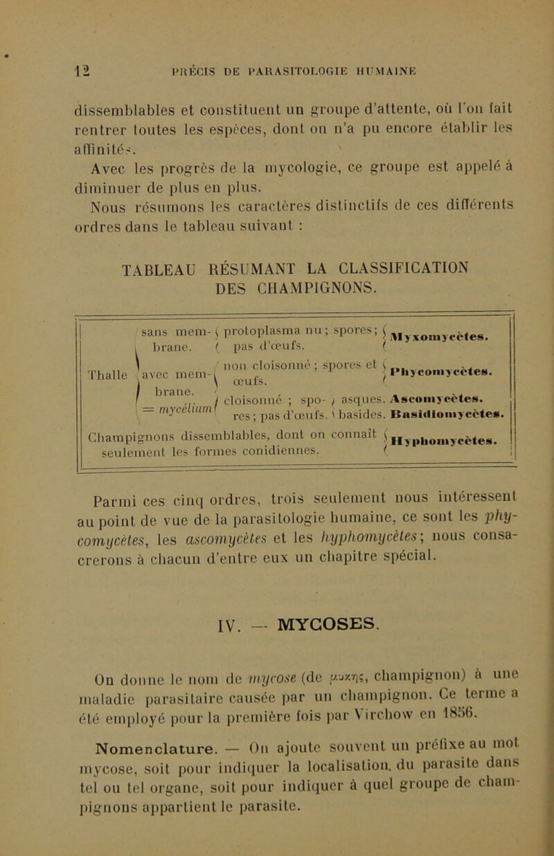 dissemblables et coiistituenl un groupe d’attente, où l’on fait rentrer toutes les espèces, dont on n’a pu encore établir les a ni ni té.'. Avec les progrès de la mycologie, ce groupe est appelé à diminuer de plus en plus. Nous résumons les caractères distinctifs de ces différents ordres dans le tableau suivant ; TABLEAU RÉSUMANT LA CLASSIFICATION DES CHAMPIGNONS. sans mein-^ proloplasma nu; spores; ^ brane. { pas d’œufs. < ■ non cloisonné; spores et 1 \ œufs Thalle avec niem- I brane. ■ , , . . . f_ I cloisonne ; spo- / asques. Ascoiiiyoetes. — mycélium d’œufs. ' basidcs. Basltlloiiiycète». Champignons dissemblables, dont on connaît ( seulcmenl les formes conidiennes. f Parmi ces cincj ordres, trois seulement nous intéressent au point de vue de la parasitologie humaine, ce sont les pliy- comycètes, les ascomycètes et les hyphomycèles ; nous consa- crerons à chacun d’entre eux un chapitre spécial. IV. — MYCOSES. On donne le nom de mycose (de u-ay-q;, champignon) à une maladie parasitaire causée par un champignon. Ce terme a été emploj’é pour la première fois par \ irchow en 18.'i6. Nomenclature. — On ajoute souvent un préfixe au mot mycose, soit pour indii|uer la localisation, du parasite dans tel ou tel organe, soit pour indiquer à quel groupe de cham- pignons appartient le parasite.