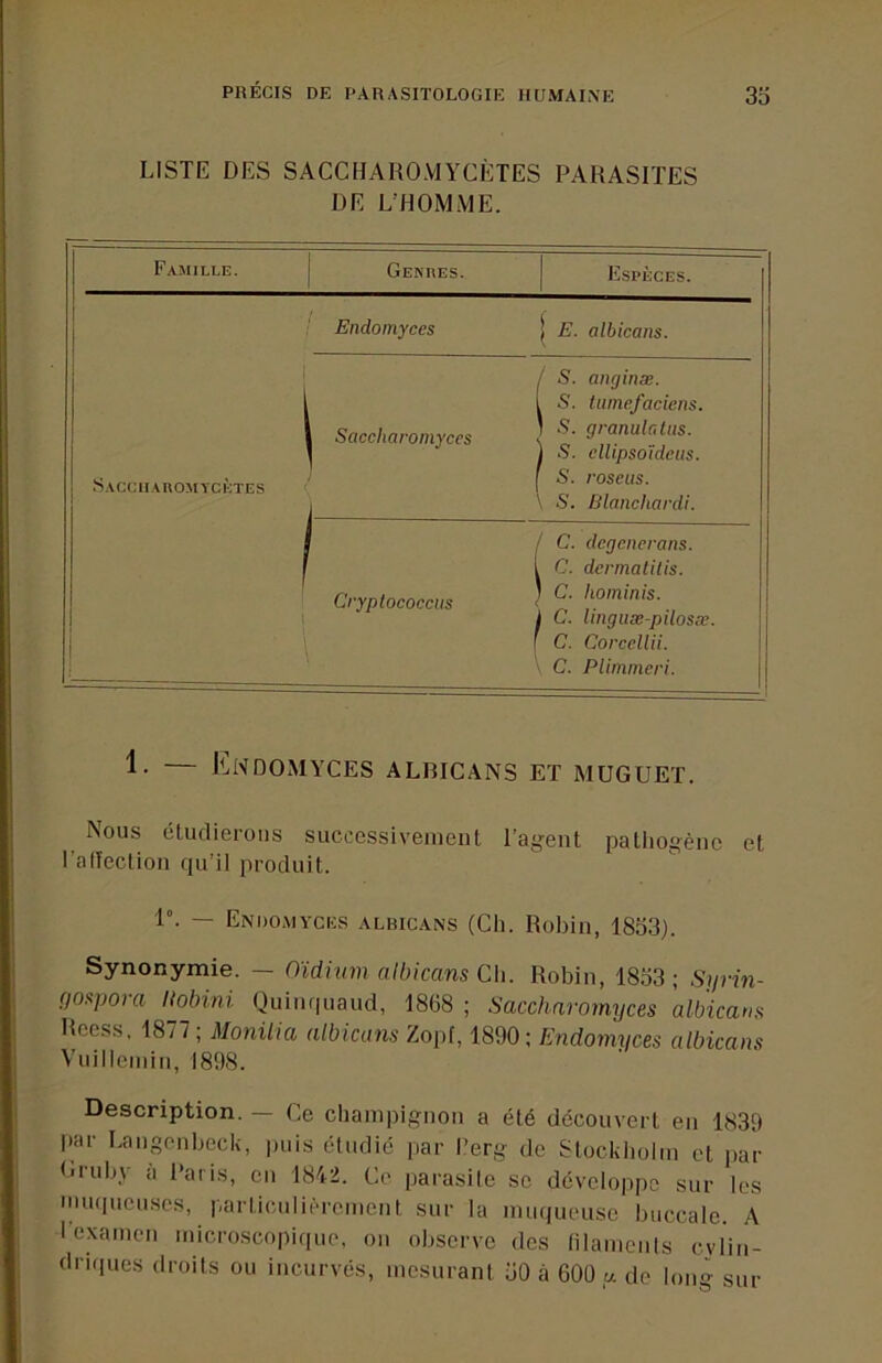 LISTE DES SACCHAROMYCÈTES PARASITES DE LHOM.ME. Famille. Genres. Espèces. i 1 1 Endomyces | E. albicans. i 1 .'SACClIAnOMYCÈTES i S. ancjinæ. l S. tuinefacicns. 1 Saccharomyces ) 9'ouulatus. 1 1 S. elhpsotdcus. 1 S. roseus. J \ S. Blanchardi. 1 l / C. dégénérons. l C. dermalitis. Cryplococcus 1 L. linguæ-pilosæ. I C. Corcellii. C. Plimmeri. 1. — EnDOMYCES ALBICANS ET MUGUET. ^ous Étudierons successivement l’agent pathogène et Tafleclion qu’il produit. 1°. — Endomyces ALBICANS (Cil. Robiii, 1853). Synonymie. — Oïdium aIbicans Ch. Robin, 1853; Sijrin- (joapora l{obini Quiuf|uaud, 1868 ; Saccharomyces alb'icatm Rcess, 1877 ; Monilia albicims Zopf, 1890 ; Endomyces albicans Vuillemiii, 1898. Description. — Ce champignon a été découvert eu 1839 par Langenbeck, puis éludic par l.’erg de Stockholm et par Gruby à l'aris, eu 1842. Ce parasite se dévelop[io sur les muqueuses, particulièrement sur la muqueuse buccale. A I examen microscopique, ou observe des lilameiils cylin- driques droits ou incurvés, mesurant 50 à 600 a de long sur