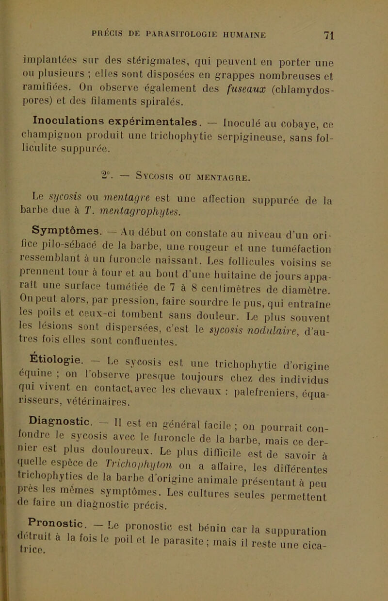 iiiiplaiitées sur des stérigmates, qui peuvent en porter une ou plusieurs ; elles sont disposées en grappes nombreuses et ramifiées. On observe également des fuseaux (chlamydos- pores) et des filaments spiralés. Inoculations expérimentales. — Inoculé au cobaye, ce champignon produit une trichophytie serpigineuse, sans fol- liculite s U PP urée. 2°. — Sycosis ou mentagre. Le stjcosis ou mentagre est une afieclion siippurée de la barbe due à T. mentagropliijtes. Symptômes. Au début on constate au niveau d’un ori- fice pilo-sébacé de la barbe, une rougeur et une tuméfaction ressemblant à un furoncle naissant. Les follicules voisins se prennent tour à tour et au bout d’une luiitaine de jours appa- raît une surface tuniéliée de 7 à 8 cenlimètres de diamètre. On peut alors, par pression, faire sourdre le pus, qui entraîne les poils et ceux-ci tombent sans douleur. Le plus souvent les lésions sont dispersées, c’est le sycosis nodulaire, d’au- tres fois elles sont confluentes. Etiologie. — Le sycosis est une trichophytie d’origine équine ; on l’observe presque toujours chez des individus qui vivent en contacLavec les chevaux : palefreniers, équa- risseurs, vétérinaires. lagnostic. — Il est en général facile ; on pourrait con- fondre le sycosis avec le furoncle de la barbe, mais ce der- nier est plus douloureux. Le plus difiicile est de savoir à que le espèce de TrlchophyUm on a affaire, les différentes trichopbytics de la barbe d’origine animale présentant à peu pi-es les mêmes symptômes. Les cultures seules permettent (le faire un diagnostic précis. la fois le poil cl le parasite; mais il reste une cica-