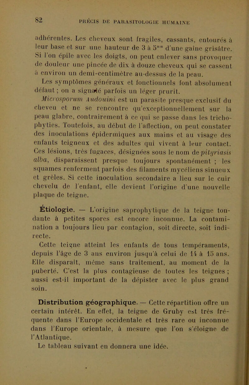 aclliércHles. Les cheveux sont fragiles, cassants, entourés à leur base et sur une hauteur de 3 à o‘ d’une gaine grisâtre. Si l’on épile avec les doigts, on peut enlever sans provoipier de douleur une pincée de dix à douze cheveux qui se cassent a environ un demi-centimètre au-dessus de la peau. Les symptômes généraux et fonctionnels font absolument défaut ; on a signarié parfois un léger prurit. Miciosporu'in Audouini est un parasite presque exclusif du cheveu et ne se renconlre qu’exceptionnellement sur la peau glabre, contrairement à ce qui se passe dans les tricho- phyties. Toutefois, au début de l’alTection, on peut constater des inoculations épidermiques aux mains et au visage des enfants teigneux et des adultes qui vivent à leur contact. Ces lésions, très fugaces, désignées sous le nom depiljjriasis alba, disparaissent presque toujours spontanément ; les squames renferment parfois des filaments mycéliens sinueux et grêles. Si celte inoculation secondaire a lieu sur le cuir chevelu de l’enfant, elle devient l’origine d’une nouvelle plaque de teigne. Etiologie. — L’origine saprophytique de la teigne ton- dante à petites spores est encore inconnue. La contami- nation a toujours lieu par contagion, soit directe, soit indi- recte. Cette teigne atteint les enfants de tous tempéraments, depuis l’âge de 3 ans environ jusqu’à celui de 14 à lo ans. Elle disparaît, même sans traitement, au moment de la puberté. C’est la plus contagieuse de toutes les teignes; aussi est-il important de la dépister avec le plus grand soin. Distribution géographique. — Cette répartition otTre un certain intérêt. En elTet, la teigne de Gruby est très fré- quente dans l’Europe occidentale et très rare ou inconnue dans l’Europe orientale, à mesure que l’on s’éloigne de l’Atlantique. Le tableau suivant en donnera une idée.