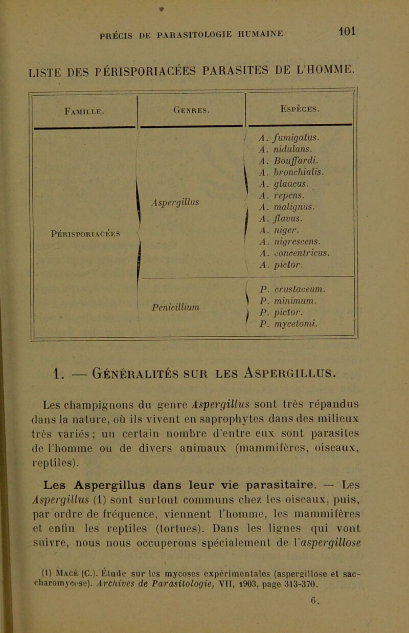 « LISTE DES PÉRISPORIACÉES PARASITES DE L’HOMME. Fajiille. Genres. Espèces. A. fumigatüs. A. nidiilans. A. Bouffardi. A. hronchialis. 1 A. glaucus. 1 1 Aspergillus ' A. repens. i A. malignus. I A. flavus. PÉnisPoniACÉES A. niger. A. nigrescens. A. concenlricus. A. piclor. P. crustaceum. Pénicillium ) P. minimum. 1 P. pictor. ' P. mycelomi. 1. — Généralités sur les Aspergillus. Les champignons du genre Aspergillus sont très répandus dans la nature, où ils vivent en saprophytes dans des milieux très variés; un certain nombre d’entre eux sont parasites de l’homme ou de divers animaux (mammilères, oiseaux, reptiles). Les Aspergillus dans leur vie parasitaire. — Les Aspergillus (1) sont surtout communs chez les oiseaux, puis, par ordre de fréquence, viennent l’homme, les mammifères et enfin les reptiles (tortues). Dans les lignes qui vont suivre, nous nous occuperons spécialement de Vaspergillose (1) Macê (C.). li:iude sur les mycoses expérimentales (aspergillose et sac- oharomycrse). Archives de Parasitologie, VII, i903, page 3I3-37Ü. 6.