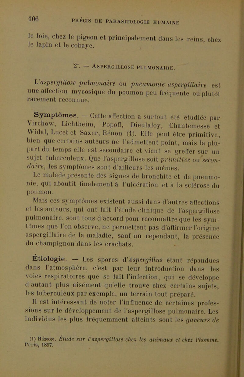 lOG le foie, cliez le pigeon et principalement dans les reins, chez le lapin et le cobaye. 2‘'. — Aspergillose pulmonaire. L’aspergillose pulmonaire ou pneumonie aspergillaire est une alTection mycosique du poumon peu fréquente ou plutôt rarement reconnue. Symptômes. Cette affection a surtout été étudiée par \iichow, Lichtlieim, Popolî, Dieulafoy, Chantemesse et \\ idal, Lucet et Saxer, Rénon (1). Klle peut être primitive, bien que certains auteurs ne l’admettent point, mais la plu- part du temps elle est secondaire et vient se greffer sur un sujet tuberculeux. Que l’aspergillose soit primilice ou secon- daire, les symptômes sont d’ailleurs les mêmes. Le malade présente des signes de bronchite et de pneumo- nie, qui aboutit finalement à rulcéralion et à la sclérose du poumon. Mais ces symptômes existent aussi dans d’autres affections et les auteurs, qui ont fait l’élude clinique de l’aspergillose pulmonaire, sont tous d’accord pour reconnaître que les svm- tômes que I on observe, ne permettent pas d’affirmer l’origine aspergillaire de la maladie, sauf un cependant, la présence du champignon dans les crachats. Etiologie. — Les spores d’Aspergillus étant répandues dans l’atmosphère, c’est par leur introduction dans les voies respiratoires que se fait l’infection, qui se développe d autant plus aisément qu’elle trouve chez certains sujels, les tuberculeux par exemple, un terrain tout préparé. 11 est intéressant de noter l'influence de certaines profes- sions sur le développement de l’aspergillose pulmonaire. Les individus les plus fréiiuemment alfeints sont \es gaceurs de (I) rénon. Étude sur l'aspergillose chez les animaux et chez l'homme. l’aris, 1897.
