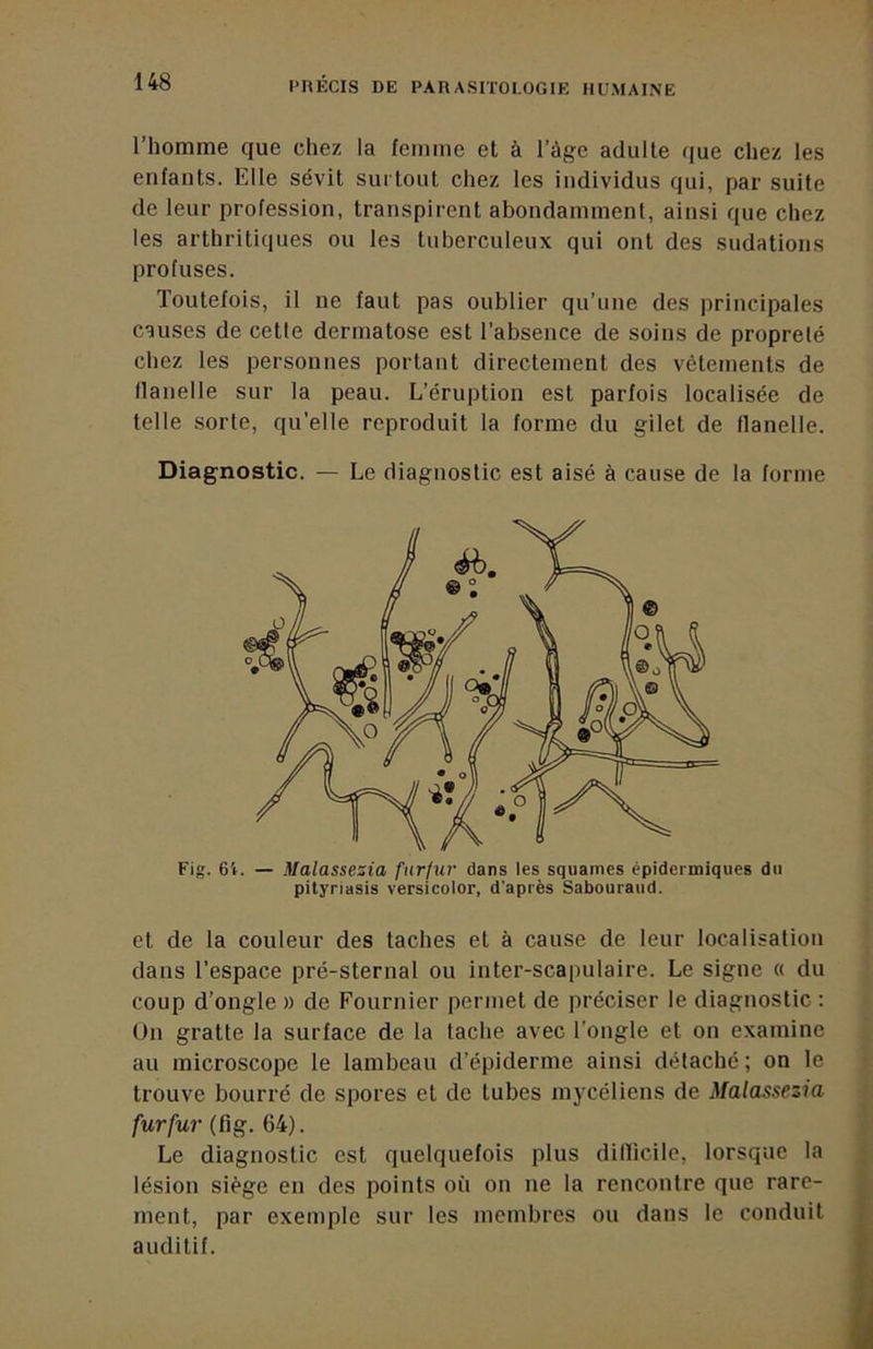 riiorarae que chez la femme et à l’àge adulte que chez les enfants. Elle sévit surtout chez les individus qui, par suite de leur profession, transpirent abondamment, ainsi que chez les arthritiques ou les tuberculeux qui ont des sudations protuses. Toutefois, il ne faut pas oublier qu’une des principales causes de celle dermatose est l’absence de soins de propreté chez les personnes portant directement des vêtements de flanelle sur la peau. L’éruption est parfois localisée de telle sorte, qu’elle reproduit la forme du gilet de flanelle. Diagnostic. — Le diagnostic est aisé à cause de la forme Fig. 61. — Malassezia farjur dans les squames épidermiques du pityriasis versicolor, d’après Sabouraud. et de la couleur des taches et à cause de leur localisation dans l’espace pré-sternal ou inter-scapulaire. Le signe « du coup d’ongle » de Fournier permet de préciser le diagnostic ; On gratte la surface de la tache avec l’ongle et on examine au microscope le lambeau d’épiderme ainsi détaché; on le trouve bourré de spores et de tubes mycéliens de Malassezia fur fur (fig. 64). Le diagnostic est quelquefois plus dillicile, lorsque la lésion siège en des points où on ne la rencontre que rare- ment, par exemple sur les membres ou dans le conduit auditif.