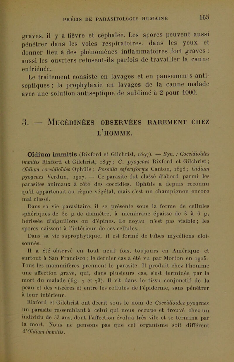 16o graves, il y a lièvre et céphalée. Les spores peuvent aussi pénétrer clans les voies res|ûratoires, dans les yeux et donner lieu à des phénomènes inflammatoires fort graves : aussi les ouvriers refusent-ils parfois de travailler la canne enfriénée. Le traitement consiste en lavages et en pansements anti- septiciues ; la prophylaxie en lavages de la canne malade avec une solution antiseptic[ue de sublimé à 2 pour 1000. 3. — Mucédinées observées rarement chez l’homme. Oïdium immitis (Rixford et Gilchrist, 1897). — •' Coccidiold.es immitis Rixford et Gilchrist, 1897; C. pyogenes Rixford et Gilchrist; Oïdium coccidioîdes Ophüls ; Posadia esferiforme Canton, 1898; Oïdium pyogenes Verdun, 1907. — Ce parasite fut classé d’abord parmi les parasites animaux à côté des coccidies. Ophüls a depuis reconnu ([u’il appartenait au règne végétal, mais c’est un champignon encore mal classé. Dans sa vie parasitaire, il se présente sous la forme de cellules sphériques de 3o g de diamètre, à membrane épaisse de 3 à 6 g, liérissée d’aiguillons ou d’épines. Le noyau n’est pas visible; les spores naissent à l’intérieur de ces cellules. Dans sa vie saprophytique, il est formé de tubes mycéliens cloi- sonnés. 11 a été observé en tout neuf fois, toujours en Amérique et surtout à San Francisco ; le dernier cas a été vu par Morton en igo5. Tous les mammifères prennent le parasite. 11 produit chez l’homme une affection grave, qui, dans plusieurs cas, s’est terminée par la mort du malade (fig. 7 et 73). Il vit dans le- tissu conjonctif de la peau et des viscères et entre les cellules de l’épiderme, sans pénétrer à leur intérieur. Rixford et Gilchrist ont décrit sous le nom de Coccidioîdes pyogenes un parasite ressemblant à celui qui nous occupe et trouvé chez un individu de 33 ans, dont l’alTection évolua très vite et se termina par la mort. Nous ne pensons pas que cet organisme soit différent d’OMium immitis.