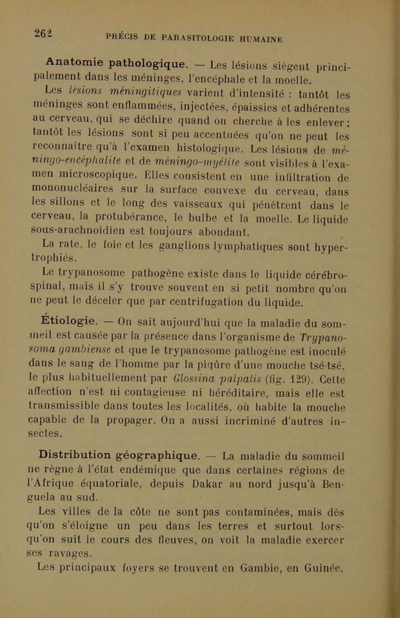 Anatomie pathologique. — Les lésions siègent princi- palement dans les méninges, l’encéphale et la moelle. Les Lésions méningitiques varient d’intensité : tantôt les méninges sont enflammées, injectées, épaissies et adhérentes au cerveau, qui se déchire quand on cherche à les enlever; tantôt les lésions sont si peu accentuées qu’on ne peut les reconnaître qu’à l’examen histologique. Les lésions de mé- ningo-encéphalite et de méningo-myélite sont visibles à l’exa- men microscopique. Elles consistent en une infiltration de mononucléaires sur la surface convexe du cerveau, dans les sillons et le long des vaisseaux qui pénètrent dans le cerveau, la protubérance, le bulbe et la moelle. Le liquide sous-arachnoïdien est toujours abondant. La rate, le foie et les ganglions lymphatiques sont hyper- trophiés. Le trypanosome pathogène existe dans le liquide cérébro- spinal, mais il s’y trouve souvent en si petit nombre qu’on ne peut le déceler que par centrifugation du liquide. Etiologie. — On sait aujourd’hui que la maladie du som- meil est causée par la présence dans l’organisme de Trypano- soma gambiense et que le trypanosome pathogène est inoculé dans le sang de l’homme par la piqûre d’une mouche tsé-tsé, le plus habituellement par Glossina palpalis (fig. 129). Cette affection n’est ni contagieuse ni héréditaire, mais elle est transmissible dans toutes les localités, où habite la mouche capable de la propager. On a aussi incriminé d’autres in- sectes. Distribution géographique. — La maladie du sommeil ne règne à l’état endémique que dans certaines régions de l’Afrique équatoriale, depuis Dakar au nord jusqu’à Ben- guela au sud. Les villes de la côte ne sont pas contaminées, mais dès qu’on s’éloigne un peu dans les terres et surtout lors- (lu’on suit le cours des fleuves, on voit la maladie exercer ses ravages. Les principaux foyers se trouvent en Gambie, en Guinée,