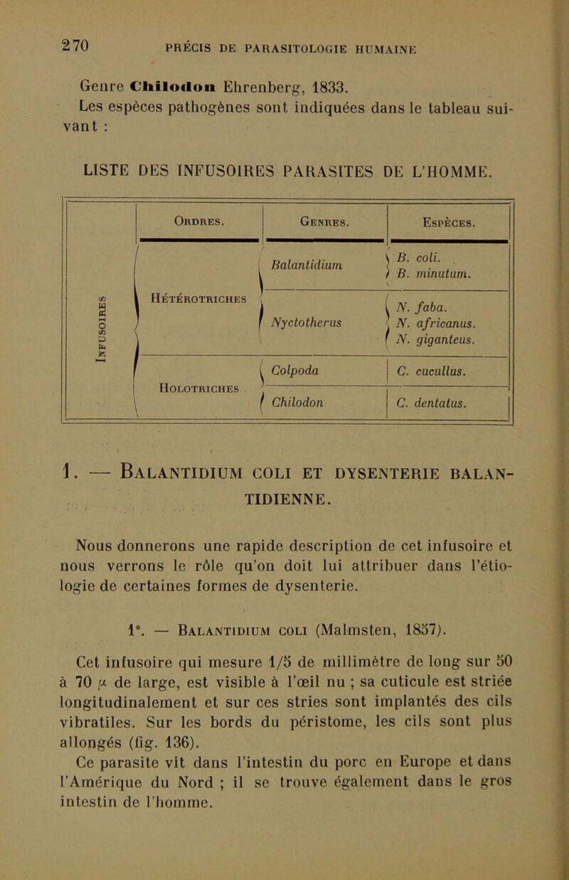 Genre Chilodon Ehrenberg, 1833. Les espèces pathogènes sont indiquées dans le tableau sui- vant : LISTE DES INFUSOIRES PARASITES DE L’HOMME. Ordres. Genres. Espèces. 1 Balantidium f B. coli. B. minutam. NFUSOIRES , Hétérotriches 1 1 ( N. faba. Nyctotherus ^ N. africanus. f N. giganteus. Holotriches Colpoda C. cucullus. ' Chilodon C. dentalus. j 1. — Balantidium coli et dysenterie balan- TIDIENNE. Nous donnerons une rapide description de cet infusoire et nous verrons le rôle qu’on doit lui attribuer dans l’étio- logie de certaines formes de dysenterie. 1. — Balantidium coli (Malmsten, 1857). Cet infusoire qui mesure 1/5 de millimètre de long sur 50 à 70 f-t de large, est visible à l’œil nu ; sa cuticule est striée longitudinalement et sur ces stries sont implantés des cils vibratiles. Sur les bords du péristome, les cils sont plus allongés (lig. 136). Ce parasite vit dans l’intestin du porc en Europe et dans l’Amérique du Nord ; il se trouve également dans le gros intestin de l’homme.