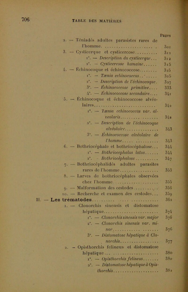 Bases 2. — Téniadés adalles parasistes rares de l’homme Soi 3. — Cysticerquc et cyslicercose 3i2 i“. — Description du cysticerquc... 3i 2 2”. — Cyslicercose humaine 3i5 4. — Kchinocoque et échinococcose 325 1°. — Tænia echinococcus.. ■ 3s5 2°. — Description de Véchinocoquc. 327 3°. — Échinococcose primitive.... 333 h°- — Échinococcose secondaire 341 5. — Échinocoquc et échinococcose alvéo- laires 34a i“. — lænia echinococcus var. al- veolaris 341 2°. — Description de l’échinocoquc alvéolaire 343 3°. — Échinococcose alvéolaire de l'homme ' 343 C. — Bothriocéphale et botliriocéphalose... 344 1°. — Bothriocephalus latus 344 2°. - Botliriocéphalose 34? 7. — Bothriocéphalidés adultes parasites rares de l’homme. 353 8. — Larves do hothriocéphales observées chez l’homme 355 9. — Malformation des cestodes . 35G 10. — Recherche et examen des cestodes... 35q II. — Les trématodes 362 1. — Clonorchis sinensis et distomatose hépatique 374 i“. — Clonorchis sinensis var. major 37G 2°. — Clonorchis sinensis var. mi- nor 37G 3°. — Distomatose hépatique à Clo- norchis 377 2. — Opisthorchis felineus et distomatose liépatique 38o i“. — Opisthorchis felineus 38o 2°. — Distomatose hépatique à Opis- Ihorchis 382