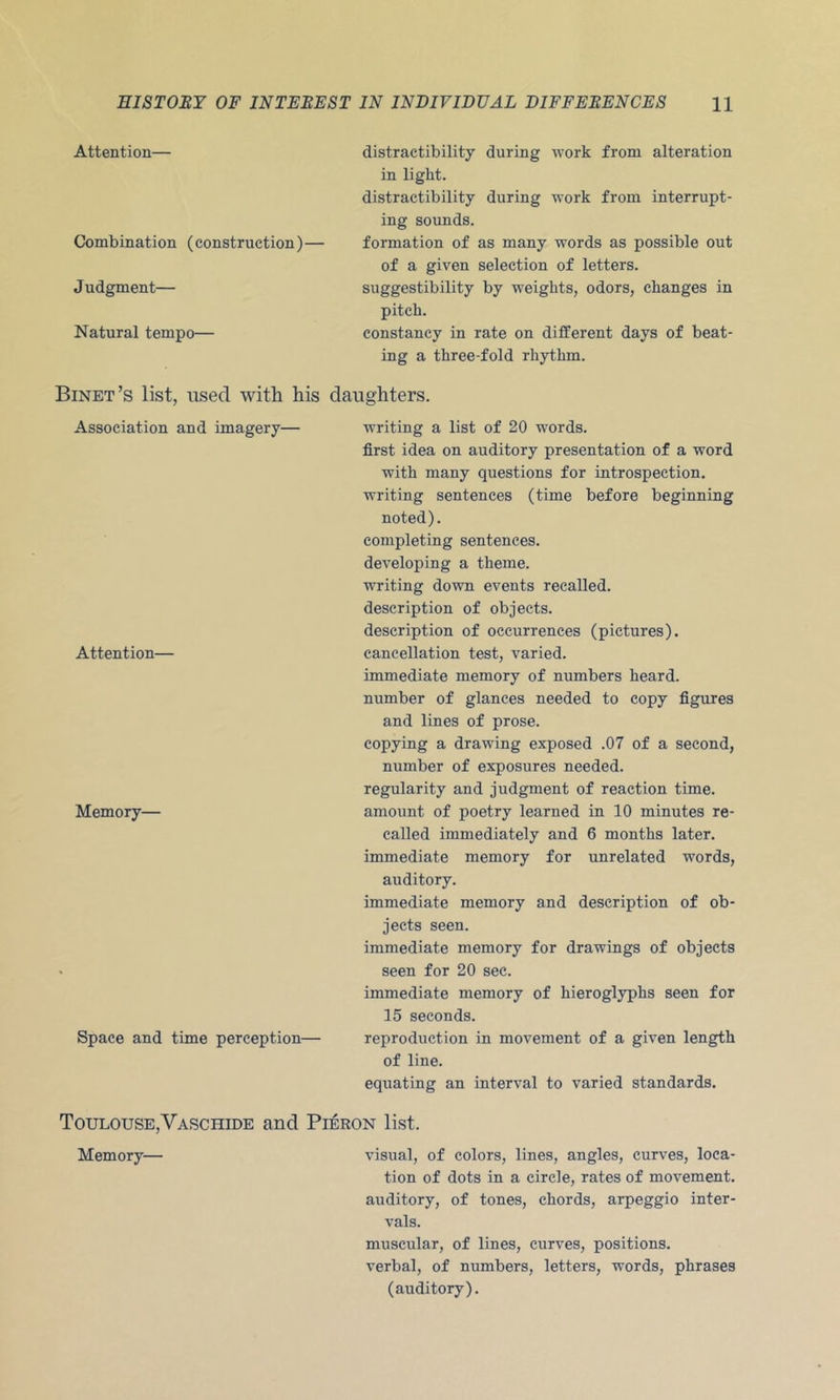 Attention— distractibility during work from alteration in light. distractibility during work from interrupt- ing sounds. Combination (construction)— formation of as many words as possible out of a given selection of letters. Judgment— suggestibility by weights, odors, changes in pitch. Natural tempo— constancy in rate on dilferent days of beat- ing a three-fold rhythm. Binet’s list, used with his daughters. Association and imagery— writing a list of 20 words. first idea on auditory presentation of a word with many questions for introspection, writing sentences (time before beginning noted). completing sentences. developing a theme. writing down events recalled. description of objects. description of occurrences (pictures). Attention— cancellation test, varied. immediate memory of numbers heard, number of glances needed to copy figures and lines of prose. copying a drawing exposed .07 of a second, number of exposures needed, regularity and judgment of reaction time. Memory— amount of poetry learned in 10 minutes re- called immediately and 6 months later, immediate memory for unrelated words, auditory. immediate memory and description of ob- jects seen. immediate memory for drawings of objects • seen for 20 see. immediate memory of hieroglyphs seen for 15 seconds. Space and time perception— reproduction in movement of a given length of line. equating an interval to varied standards. Toulouse,Vaschide and Pieron list. Memory— visual, of colors, lines, angles, curves, loca- tion of dots in a circle, rates of movement, auditory, of tones, chords, arpeggio inter- vals. muscular, of lines, curves, positions, verbal, of numbers, letters, words, phrases (auditory).