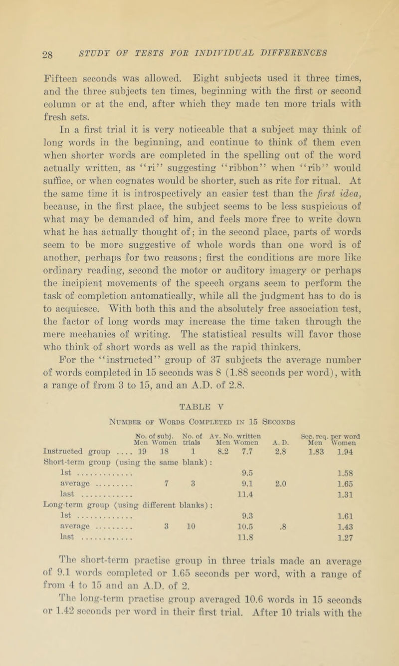 Fifteeii seconds was allowed. Eight subjects used it three times, and the three subjects ten times, beginning with the first or second column or at the end, after which they made ten more trials with fresh sets. In a first trial it is very noticeable that a subject may think of long words in the beginning, and continue to think of them even when shorter words are completed in the spelling out of the word actually written, as “ri” suggesting “ribbon” when “rib” would suffice, or when cognates would be shorter, such as rite for ritual. At the same time it is introspectively an easier test than the fi7'st idea, because, in the first place, the subject seems to be less suspicious of what may be demanded of him, and feels more free to write down what he has actually thought of; in the second place, parts of words seem to be more suggestive of whole words than one word is of another, perhaps for two reasons; first the conditions arc more like ordinary reading, second the motor or auditory imagery or perhaps the incipient movements of the speech organs seem to perform the task of completion automatically, Avhile all the judgment has to do is to acquiesce. With both this and the absolutely free association test, the factor of long words may increase the time taken through the mere mechanics of writing. The statistical results will favor those who think of short words as well as the rapid thinkers. For the “instructed” group of 37 subjects the average number of words completed in 15 seconds was 8 (1.88 seconds per word), with a range of from 3 to 15, and an A.D. of 2.8. TABLE V Number op Words Completed in 15 Seconds No. ofsubj. No. of A V. No. written Sec. req. per word Men Women trials Men Women A. D. Mon Women Instructed group .... 19 18 1 8.2 7.7 2.8 1.83 1.94 Short-term group (using the same blank) : 1st 9.5 1.58 average 7 3 9.1 2.0 1.65 last 11.4 1.31 Long-term group (using different blanks) : 1st 9.3 1.61 average 3 10 10.5 .8 1.43 last 11.8 1.27 Tlie short-term practise group in three trials made an average of 0.1 words conqileted or 1.65 seconds per word, with a range of from 4 to 15 and an A.D. of 2. '\']\Q long-term i)ractise group averaged 10.6 words in 15 seconds or 1.42 seconds per word in their first trial. After 10 trials with the