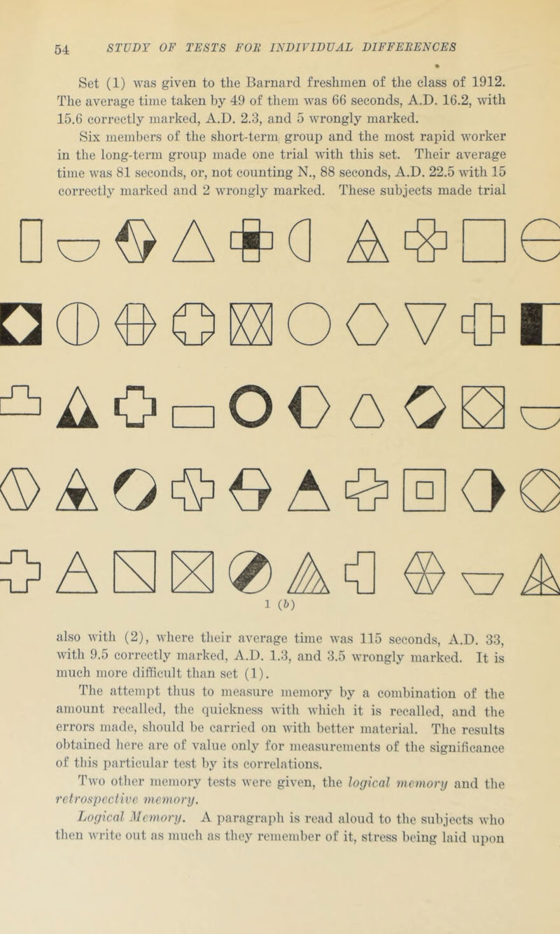 Set (1) was given to the Barnard freshmen of the class of 1912. The average time taken by 49 of them was 66 seconds, A.D. 16.2, with 15.6 correctly marked, A.D. 2.3, and 5 wrongly marked. Six members of the short-term group and the most rapid worker in the long-term group made one trial with this set. Their average time was 81 seconds, or, not counting N., 88 seconds, A.D. 22.5 with 15 correctly marked and 2 wrongly marked. These subjects made trial ^ A A A A A O o also with (2), where their average time was 115 seconds, A.D. 33, with 9.5 correctly marked, A.D. 1.3, and 3.5 wrongly marked. It is much more difficult than set (1). The attempt thus to measure memory by a combination of the amount recalled, the quickness with which it is recalled, and the errors made, should be carried on with better material. The results obtained here are of value only for measurements of the significance of this ])articular test by its correlations. Two other memory tests were given, the logical memory and the retrospective memory. Logical Memory. A paragraph is read aloud to the subjects who then write out as much as they remember of it, stress being laid upon