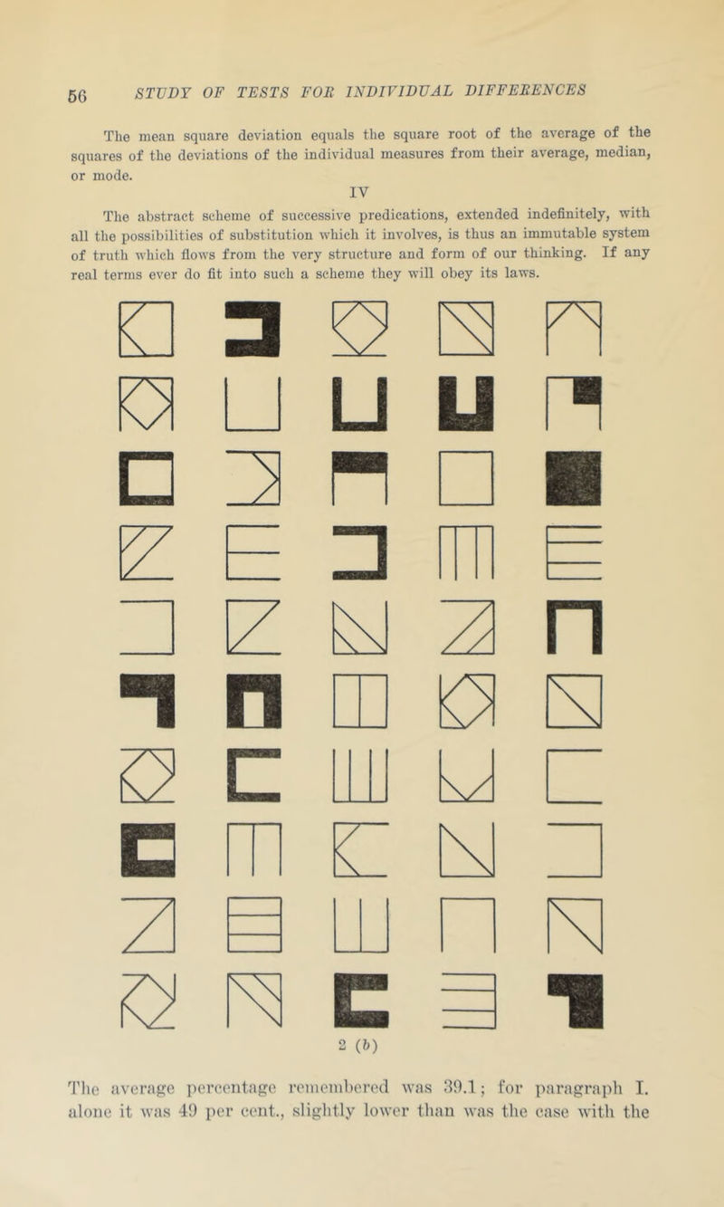 The mean square deviation equals the square root of the average of the squares of the deviations of the individual measures from their average, median, or mode. IV The abstract scheme of successive predications, extended indefinitely, with all the possibilities of substitution which it involves, is thus an immutable system of truth which flows from the very structure and form of our thinking. If any real terms ever do fit into such a scheme they will obey its laws. 2 (h) The average i)ercentage renienihered was 39.1 ; for ])nragrap]i I. alone it was 49 per eeiit., slightly lower than was the ease with the