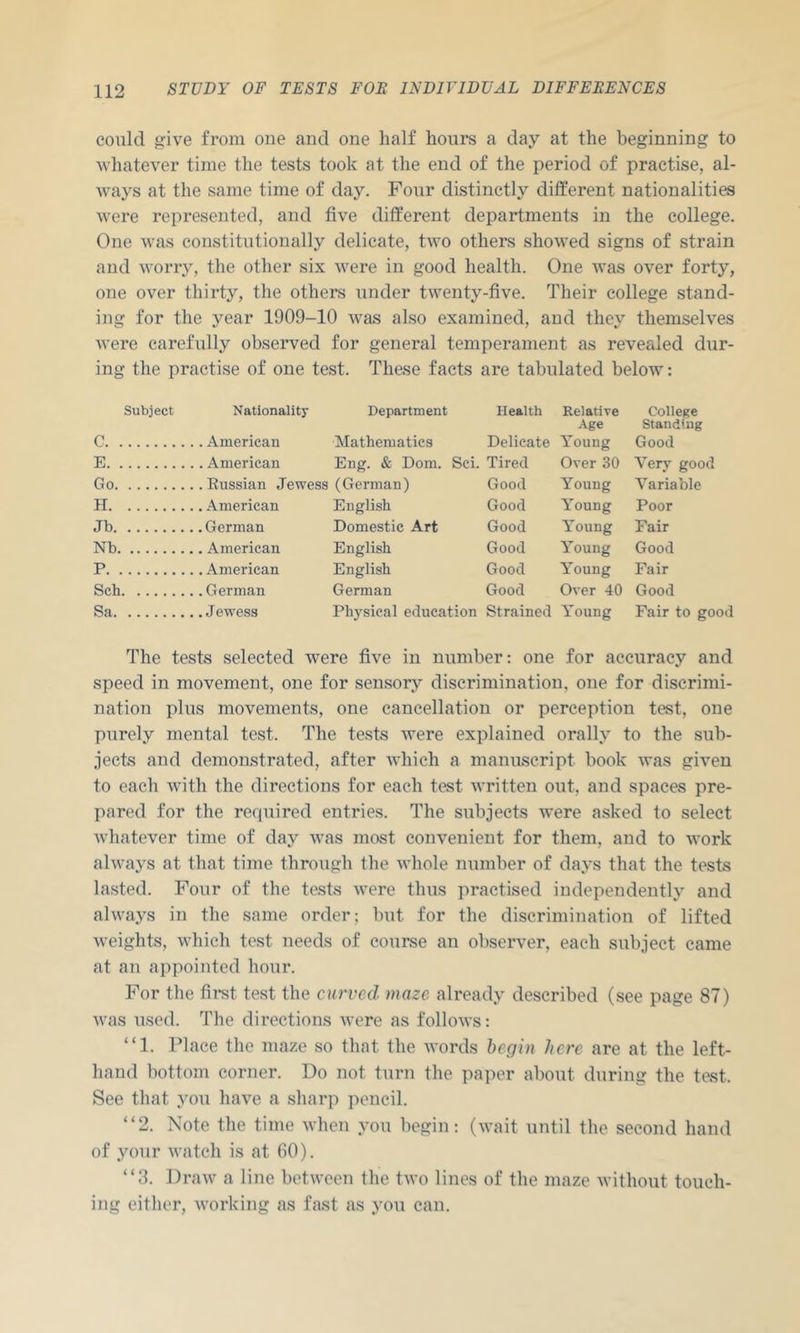 could give from one and one half hours a day at the beginning to whatever time the tests took at the end of the period of practise, al- ways at the same time of day. Four distinctly different nationalities were represented, and five different departments in the college. One was constitutionally delicate, two others showed signs of strain and worry, the other six were in good health. One was over forty, one over thirty, the others under twenty-five. Their college stand- ing for the year 1909-10 was also examined, and they themselves were carefully observed for general temperament as revealed dur- ing the practise of one test. These facts are tabulated below: Subject Nationality Department Health Relative College Age Standing C American Mathematics Delicate Young Good E American Eng. & Dom. Sci. Tired Over 30 Very good Go Eussian Jewess (German) Good Young Variable H American English Good Young Poor Jb German Domestic Art Good Young Fair Nb American English Good Young Good P American English Good Young Fair Sch German German Good Over 40 Good Sa Jewess Physical education Strained Young Fair to good The tests selected were five in number: one for accuracy and speed in movement, one for sensory discrimination, one for discrimi- nation plus movements, one cancellation or perception test, one purely mental test. The tests were explained orally to the sub- jects and demonstrated, after which a manuscript book was given to each with the directions for each test written out, and spaces pre- pared for the required entries. The subjects were asked to select whatever time of day was most convenient for them, and to work always at that time through the whole number of days that the tests lasted. Four of the te.sts were thus practised independently and always in the same order; but for the discrimination of lifted weights, which test needs of course an observer, each subject came at an appointed hour. For the first test the curved maze already described (see page 87) was used. The directions were as follows: “1. Place the maze so that the words begin here are at the left- hand bottom corner. Do not turn the paper about during the test. See that you have a sharp pencil. “2. Note the time when you begin: (wait until the second hand of your watch is at 60). “3. Draw a line between the two lines of the maze without touch- ing either, working as fast as you can.