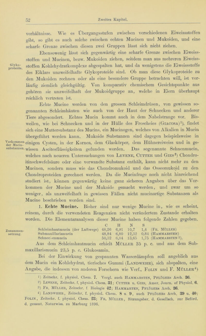 Verhältnisse. Wie es Übergangsstufen zwischen verschiedenen Eiweissstoffen gibt, so gibt es auch solche zwischen echten Mucinen und Mukoiden, und eine scharfe Grenze zwischen diesen zwei Gruppen hisst sich nicht ziehen. Ebensowenig lässt sich gegenwärtig eine scharfe Grenze zwischen Eiweiss- stoffen und Mucinen, bezw. Mukoiden ziehen, seitdem man aus mehreren Eiweiss- proteide sto^en Kohlehydratkomplexe abgespalten hat, und da wenigstens die Eiweissstoffe des Eiklars unzweifelhafte Glykoproteide sind. Ob man diese Glykoproteide zu den Mukoiden rechnen oder als eine besondere Gruppe betrachten will, ist vor- läufig ziemlich gleichgültig. Von komparativ chemischem Gesichtspunkte aus gehören sie unzweifelhaft der Mukoidgruppe an, welche in Eiern überhaupt reichlich vertreten ist. Echte Mucine werden von den grossen Schleimdrüsen, von gewissen so- genannten Schleimhäuten wie auch von der Haut der Schnecken und anderer Tiere abgesondert. Echtes Mucin kommt auch in dem Nabelstrange vor. Bis- weilen, wie bei Schnecken und in der Hülle des Froscheies (Giacosa)1), findet sich eine Muttersubstanz des Mucins, ein Mucinogen, welches von Alkalien in Mucin übergeführt werden kann. Mukoide Substanzen sind dagegen beispielsweise in der^iudn11 einigen Cysten, in der Kornea, dem Glaskörper, dem Hühnereiweiss und in ge- substanzen. wjssen Ascitesflüssigkeiten gefunden worden. Das sogenannte Sehnenmucin, welches nach neueren Untersuchungen von Levene, Cutter und Gies2) Chondro- itinschwefelsäure oder eine verwandte Substanz enthält, kann nicht mehr zu den Mucinen, sondern muss wie das Chondromukoid und das Osseomukoid zu den Chondroproteiden gerechnet werden. Da die Mucinfrage noch nicht hinreichend studiert ist, können gegenwärtig keine ganz sicheren Angaben über das Vor- kommen der Mucine und der Mukoide gemacht werden, und zwar um so weniger, als unzweifelhaft in gewissen Fällen nicht mucinartige Substanzen als Mucine beschrieben worden sind. 1. Echte Mucine. Bisher sind nur wenige Mucine in, wie es scheint, reinem, durch die verwendeten Reagenzien nicht verändertem Zustande erhalten worden. Die Elementaranalysen dieser Mucine haben folgende Zahlen gegeben. C H N S Zusammen- Schleimhautmucin (der Luftwege) 48,26 6,91 10,7 1,4 (Fr. Müller) setzung. Submaxillarismucin 48,84 6,80 12,32 0,84 (Hammarsten) Schnee k en m ucin 50,32 6,84 13,65 1,75 (IIammarsten 3). Aus dem Schleimhautmucin erhielt Müller 35 p. c. und aus dem Sub- maxillarismucin 23,5 p. c. Glukosamin. Bei der Einwirkung von gespannten Wasserdämpfen soll angeblich aus dem Mucin ein Kohlehydrat, tierisches Gummi (Landwehr), sich abspalten, eine Angabe, die indessen von anderen Forschern wie Verf., Folin und F. Müller4) 1) Zeitschr. f. physiol. Chem. 7. Vergl. auch Hammarsten, Pflügers Arch. 36. 2) Levf.ne, Zeitschr. f. physiol. Chern. 31; Cutter u. Gies, Amer. Journ. of Physiol. 6. 3) Fr. Müller, Zeitschr. f. Biologie 42; Hammarten, Pflügers Arch. 36. 4) Landwehr, Zeitschr. f. physiol. Chem. 8 u. 0, auch PFLÜGERS Arch. 3h u. 40; Folin, Zeitschr. f. physiol. Chem. 23; Fr. Müller, Sitzungsber. d. Gesellsch. zur Beförd. d. gesamt. Naturwiss. zu Marburg 1896.