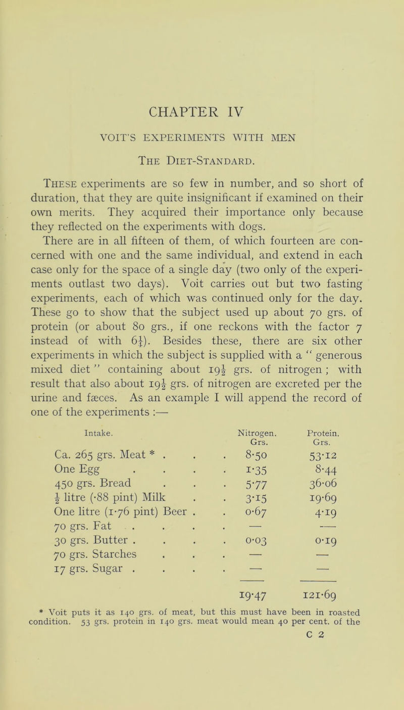 CHAPTER IV VOIT’S EXPERIMENTS WITH MEN The Diet-Standard. These experiments are so few in number, and so short of duration, that they are quite insignificant if examined on their own merits. They acquired their importance only because they reflected on the experiments with dogs. There are in all fifteen of them, of which fourteen are con- cerned with one and the same individual, and extend in each case only for the space of a single day (two only of the experi- ments outlast two days). Voit carries out but two fasting experiments, each of which was continued only for the day. These go to show that the subject used up about 70 grs. of protein (or about 80 grs., if one reckons with the factor 7 instead of with 6,p. Besides these, there are six other experiments in which the subject is supplied with a “ generous mixed diet ” containing about ig^ grs. of nitrogen; with result that also about 19I grs. of nitrogen are excreted per the urine and fæces. As an example I will append the record of one of the experiments :— Intake. Nitrogen. Grs. Protein. Grs. Ca. 265 grs. Meat * . 8-50 53-12 One Egg • 1-35 8-44 450 grs. Bread • 577 36-06 1 litre (-88 pint) Milk • 3-15 19-69 One litre (1-76 pint) Beer . 0-67 4-19 70 grs. Fat . — — 30 grs. Butter . 0-03 0-19 70 grs. Starches — — 17 grs. Sugar . 19-47 121-69 * Voit puts it as 140 grs. of meat, but this must have been in roasted condition. 53 grs. protein in 140 grs. meat would mean 40 per cent. of the C 2