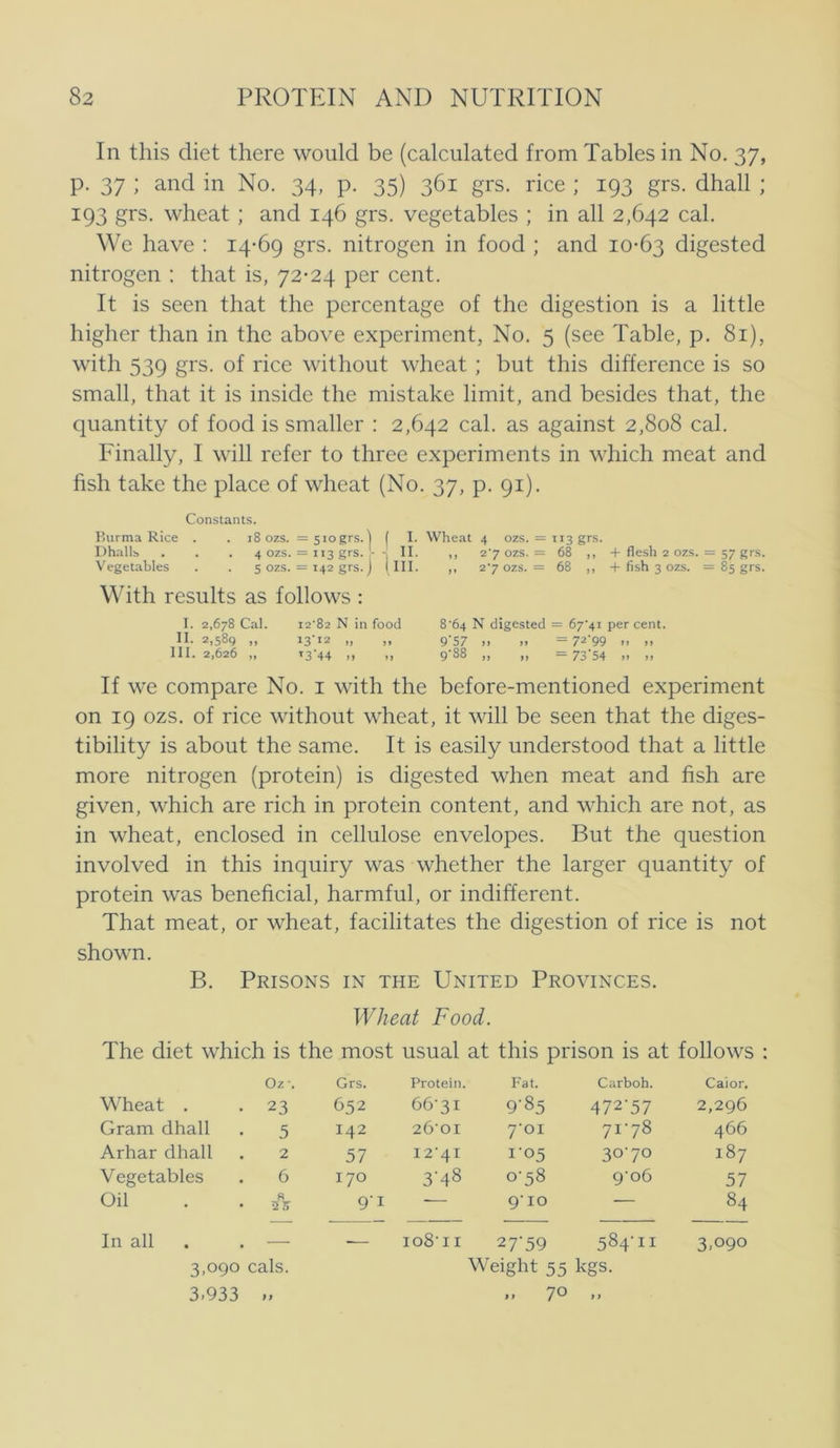 In this diet there would be (calculated from Tables in No. 37, p. 37 ; and in No. 34, p. 35) 361 grs. rice ; 193 grs. dhall ; 193 grs. wheat ; and 146 grs. vegetables ; in all 2,642 cal. \Ve have : 14*69 grs. nitrogen in food ; and 10*63 digested nitrogen : that is, 72*24 per cent. It is seen that the percentage of the digestion is a little higher than in the above experiment, No. 5 (see Table, p. 81), with 539 grs. of rice without wheat ; but this difference is so small, that it is inside the mistake limit, and besides that, the quantity of food is smaller ; 2,642 cal. as against 2,808 cal. Finally, I will refer to three experiments in which meat and fish take the place of wheat (No. 37, p. 91). Constants. Burma Rice . . i8 ozs. =5iogrs.] ( I. Wheat 4 ozs. = 113 grs. Dhallb . . . 4 ozs. = 113 grs. - II. ,, 2'7 ozs. = 68 ,, + flesh 2 ozs. = 57 grs. Vegetables . . 5 ozs. = 142 grs. j I III. ,, 2*7 ozs. = 68 ,, + fish 3 ozs. = 85 grs. With results as follows : I. 2,678 Cal. i2'82 N in food 8‘64 N digested = 67'4i per cent. II. 2,s8g „ 13-12 „ ,, 9-57 ,, „ = 72'99 .. .. III. 2,626 „ 13-44 ,, ,, 9-88 ,, „ = 73-54 „ ,, If we compare No. i with the before-mentioned experiment on 19 ozs. of rice without wheat, it will be seen that the diges- tibility is about the same. It is easily understood that a little more nitrogen (protein) is digested when meat and fish are given, which are rich in protein content, and which are not, as in wheat, enclosed in cellulose envelopes. But the question involved in this inquiry was whether the larger quantity of protein was beneficial, harmful, or indifferent. That meat, or wheat, facilitates the digestion of rice is not shown. B. PrISONS in THE UNITED PrOVINCES. Wheat Food. The diet which is the most usual at this prison is at follows : Oz-. Grs. Protein. Fat. Carboh. Caior. Wheat . • 23 652 66-31 9'85 472-57 2,296 Gram dhall 5 142 260I 7-01 71-78 466 Arhar dhall . 2 57 12-41 105 30-70 187 Vegetables 6 170 3’48 0-58 9-06 57 Oil 9, • •25‘ 9'I — 910 — 84 In all . — — 108-11 27'59 584-11 3.090 3,ogo cals. Weight 55 kgs. 3.933 M .. 70