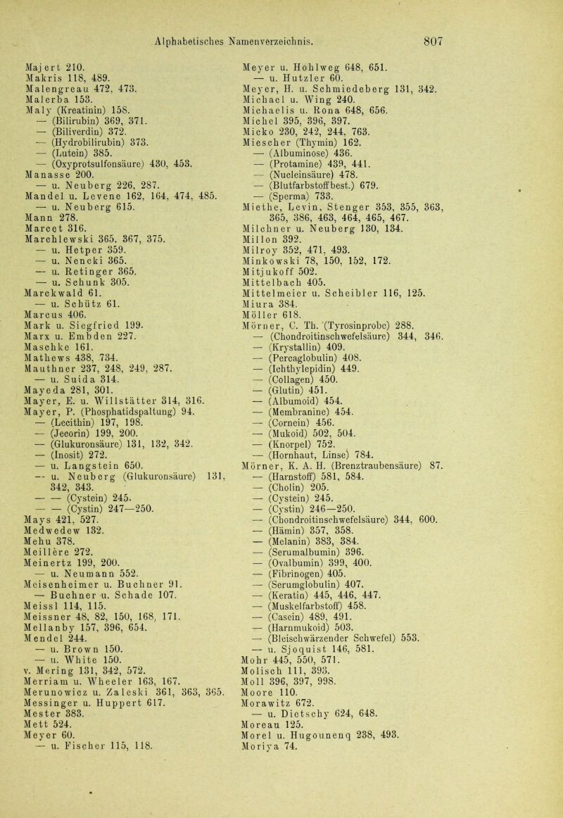 Majert 210. Makris 118, 489. Malengreau 472, 473. Malerba 153. Maly (Kreatinin) 158. — (Bilirubin) 369, 371. — (Biliverdin) 372. — (Hydrobilirubin) 373. — (Lutein) 385. — (Oxyprotsulfonsäure) 430, 453. Manasse 200. — u. Neuberg 226, 287. Mandel u. Levene 162, 164, 474, 485. — u. Neuberg 615. Mann 278. Marcet 316. Marchlewski 365. 367, 375. — u. Hetper 359. — u. Nencki 365. — u. Retinger 365. — u. Schunk 305. Marckwald 61. — u. Schütz 61. Marcus 406. Mark u. Siegfried 199. Marx u. Embden 227. Maschke 161. Mathews 438, 734. Mauthner 237, 248, 249, 287. — u. Suida 314. Mayeda 281, 301. Mayer, E. u. Willstätter 314, 316. Mayer, P. (Phosphatidspaltung) 94. — (Lecithin) 197, 198. — (Jecorin) 199, 200. — (Glukuronsäure) 131, 132, 342. — (Inosit) 272. — u. Langstein 650. — u. Neuberg (Glukuronsäure) 131, 342, 343. (Cystein) 245. (Cystin) 247—250. Mays 421, 527. Medwedew 132. Mehu 378. Meillere 272. Meinertz 199, 200. — u. Neumann 552. Meisenheimer u. Büchner 91. — Büchner u. Schade 107. Meissl 114, 115. Meissner 48, 82, 150, 168, 171. Mellanby 157, 396, 654. Mendel 244. — u. Brown 150. — u. White 150. v. Mering 131, 342, 572. Merriam u. Wheeler 163, 167, Merunowicz u. Zaleski 361, 363, 365. Messinger u. Huppert 617. Mester 383. Mett 524. Meyer 60. — u. Fischer 115, 118. Meyer u. Hohlweg 648, 651. — u. Hutzier 60. Meyer, H. ü. Schmiedeberg 131, 342. Michael u. Wing 240. Michaelis u. Rona 648, 656. Michel 395, 396, 397. Micko 230, 242, 244, 763. Mies eher (Thymin) 162. — (Albuminose) 436. — (Protamine) 439, 441. — (Nucleinsäure) 478. — (Blutfarbstoffbest.) 679. — (Sperma) 733. Miethe, Levin, Stenger 353, 355, 363, 365, 386, 463, 464, 465, 467. Milchner u. Neuberg 130, 134. Millon 392. Milroy 352, 471, 493. Minkowski 78, 150, 152, 172. Mitjukoff 502. Mittelbach 405. Mittelmeier u. Scheibler 116, 125. Miura 384. Möller 618. Mörner, C. Th.'(Tyrosinprobe) 288. — (Chondroitinschwefelsäure) 344, 346. — (Krystallin) 409. — (Percaglobulin) 408. — (Ichthylepidin) 449. — (Collagen) 450. — (Glutin) 451. — (Albumoid) 454. — (Membranine) 454. — (Cornein) 456. — (Mukoid) 502, 504. — (Knorpel) 752. — (Hornhaut, Linse) 784. Mörner, K. A. H. (Brenztraubensäure) 87. — (Harnstoff) 581, 584. — (Cholin) 205. — (Cystein) 245. — (Cystin) 246—250. — (Chondroitinschwefelsäure) 344, 600. — (Hämin) 357, 358. — (Melanin) 383, 384. — (Serumalbumin) 396. — (Ovalbumin) 399, 400. — (Fibrinogen) 405. — (Serumglobulin) 407. — (Keratin) 445, 446, 447. — (Muskelfarbstoff) 458. — (Casein) 489, 491. — (Harnmukoid) 503. — (Bleischwärzender Schwefel) 553. — u. Sjoquist 146, 581. Mohr 445, 550, 571. Molisch 111, 393. Moll 396, 397, 998. Moore 110. Morawitz 672. — u. Dietschy 624, 648. Moreau 125. Morel u. Hugounenq 238, 493. Moriya 74.