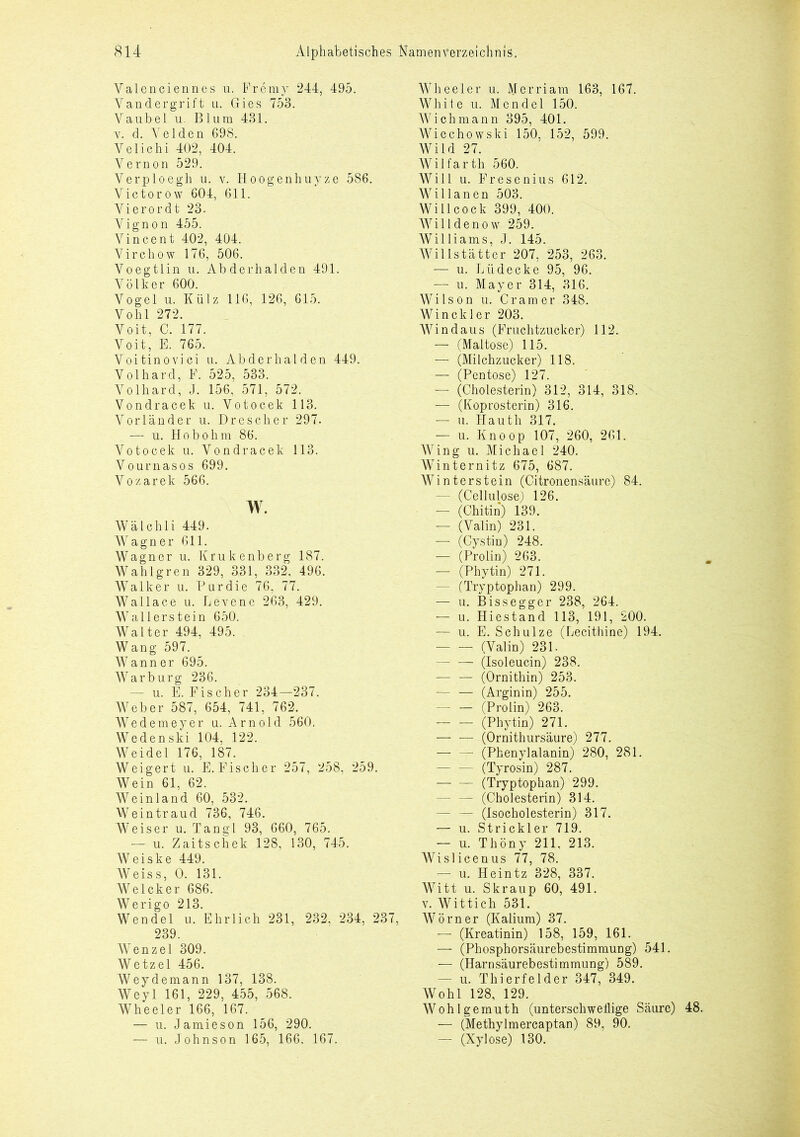 Yal enciennes u. Fremy 244, 495. Yandergrift u. Gies 753. Vaubel u. Blum 431. v. d. Velden 698. Velichi 402, 404. Vernon 529. Verploegh u. v. Hoogenhuyze 586. Victorow 604, 611. Yierordt 23. Yignon 455. Vincent 402, 404. Virchow 176, 506. Voegtlin u. Abderhalden 491. Völker 600. Vogel u. Külz 116, 126, 615. Vohl 272. Voit, C. 177. Voit, E. 765. Voitinovici u. Abderhalden 449. Volhard, F. 525, 533. Volhard, J. 156, 571, 572. Vondracek u. Votocek 113. Vorländer u. Drescher 297. — u. Hobohm 86. Votocek u. Vondracek 113. Vournasos 699. Vozarek 566. w. Wälchli 449. Wagner 611. Wagner u. Krukenberg 187. Wahlgren 329, 331, 332, 496. Walker u. Purdie 76. 77. Wallace u. Levene 263, 429. Wallerstein 650. Walter 494, 495. Wang 597. Wanner 695. Warburg 236. — u. E. Fischer 234—237. Weber 587, 654, 741, 762. Wedemeyer u. Arnold 560. Wedenski 104, 122. Weidel 176, 187. Weigert u. E. Fischer 257, 258, 259. Wein 61, 62. Weinland 60, 532. Weintraud 736, 746. Weiser u. Tangl 93, 660, 765. — u. Zaitschek 128, 130, 745. Weiske 449. Weiss, 0. 131. Welcker 686. Werigo 213. Wendel u. Ehrlich 231, 232, 234, 237, 239. Wenzel 309. Wetzel 456. Weydemann 137, 138. Weyl 161, 229, 455, 568. Wheeler 166, 167. — u. Jamieson 156, 290. — u. Johnson 165, 166. 167. Wheeler u. Merriam 163, 167. White u. Mendel 150. Wichmann 395, 401. Wiechowski 150, 152, 599. Wild 27. Wilfarth 560. Will u. Fresenius 612. Willanen 503. Willcock 399, 400. Willdenow 259. Williams, J. 145. Willstätter 207, 253, 263. — u. Liidecke 95, 96. — u. Mayer 314, 316. Wilson u. Cramer 348. Win ekler 203. Windaus (Fruchtzucker) 112. — (Maltose) 115. — (Milchzucker) 118. — (Pentose) 127. — (Cholesterin) 312, 314, 318. — (Koprosterin) 316. — u. Hauth 317. — u. Knoop 107, 260, 261. AVing u. Michael 240. Winternitz 675, 687. Winterstein (Citronensäure) 84. - (Cellulose; 126. — (Chitin) 139. — (Valin) 231. — (Cystin) 248. — (Prolin) 263. — (Phytin) 271. —- (Tryptophan) 299. — u. Bissegger 238, 264. — u. Hiestand 113, 191, 200. — u. E. Schulze (Lecithine) 194. (Valin) 231. — — (Isoleucin) 238. — — (Ornithin) 253. — (Arginin) 255. — — (Prolin) 263. (Phytin) 271. — — (Ornithursäure) 277. — — (Phenylalanin) 280, 281. - (Tyrosin) 287. (Tryptophan) 299. (Cholesterin) 314. — — (Isocholesterin) 317. — u. Strickler 719. — u. Thöny 211, 213. Wislicenus 77, 78. — u. Heintz 328, 337. Witt u. Skraup 60, 491. v. Wittich 531. Wörner (Kalium) 37. — (Kreatinin) 158, 159, 161. — (Phosphorsäurebestimmung) 541. — (Harnsäurebestimmung) 589. — u. Thierfelder 347, 349. Wohl 128, 129. Wohlgemuth (unterschwellige Säure) 48. — (Methylmercaptan) 89, 90. — (Xylose) 130.
