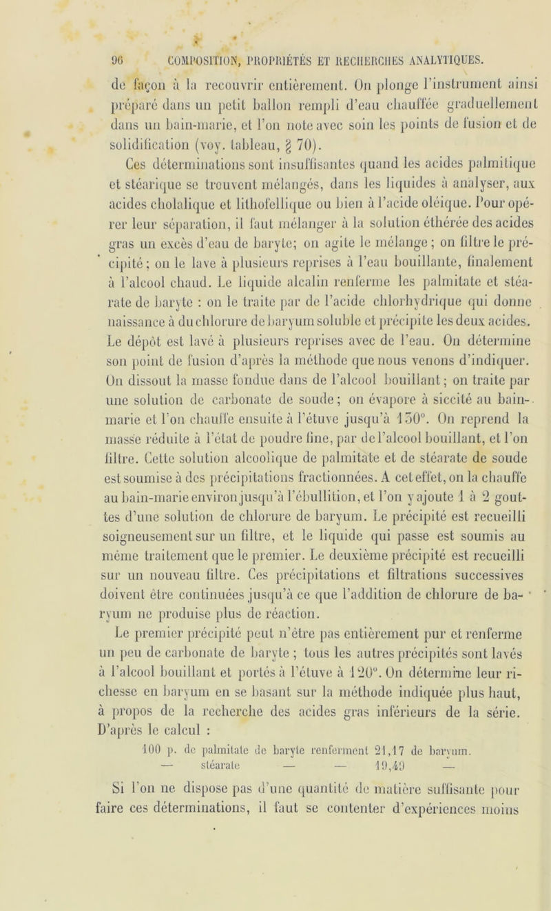 \ de façon à la recouvrir cntièreinent. Un plonge rinstrinnent ainsi préparé dans un petit ballon rempli d’eaii cliaulTée graduelleinejit dans nn bain-marie, et l’on note avec soin les points de fusion et de soliditication (voy. tableau, g 70). Ces déterminations sont insuftisantes quand les acides palmitique et stéarique se trouvent mélangés, dans les li(|uides à analyser, aux acides cliolalique et litliofellique ou bien à l’acide oléique. Pour opé- rer leur séparation, il faut mélanger à la solution éthérée des acides gras un excès d’eau de baryte; on agite le mélange ; on lilti'e le jiré- cipité; 011 le lave à plusieurs rejtrises à l’eau bouillante, tinalement à l’alcool chaud. Le liquide alcalin renferme les palmitate et stéa- rate de baryte : on le traite par de l’acide clilorliydriijue (|ui donne naissance à du chlorure de baryum soluble et précipite les deux acides. Le dépôt est lavé à plusieurs reprises avec de l’eau. On détermine son point de fusion d’a[)rès la méthode que nous venons d’indi(|uer. On dissout la masse fondue dans de l’alcool L'ouillant; on traite par une solution de carbonate de soude ; on évapore à siccité au bain- marie et l’oii chauffe ensuite à Létuve jusqu’à 150°. On reprend la masse réduite à l’état de poudre line, }>ar de l’alcool bouillant, et l’on lillre. Cette solution alcoolicpie de palmitate et de stéarate de soude est soumise à des précipitations fractionnées. A cet effet, on la chauffe au hain-marie environ jusqu’à l’ébullition, et l’on y ajoute 1 à '2 gout- tes d’une solution de chlorure de baryum. Le précipité est recueilli soigneusement sur un filtre, et le liquide qui passe est soumis au même traitement que le premier. Le deuxième précipité est recueilli sur un nouveau filtre. Ces précipitations et filtrations successives doivent être continuées jusqu’à ce que l’addition de chlorure de ba- ‘ ryum ne produise plus de réaction. Le })remier précipité peut n’ètre pas entièrement pur et renferme un })eu de carbonate de baryte ; tous les autres précipités sont lavés à l’alcool bouillant et portés à l’étuve à i'20°. On détermine leur ri- chesse en haryum en se basant sur la méthode indiquée plus haut, à propos de la recherche des acides gras inférieurs de la série. D’après le calcul : 100 p. (le palmitate de Larytc rcnfciincnt 21,17 de baryiun. — stéarate — — lÜ,-4!.) — Si l’on ne dispose pas d’une (juantité de matière suffisante j)Our faire ces déterminations, il faut se contenter d’expériences moins