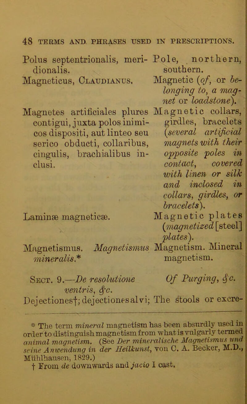 Polus septentrionalis, meri- Pole, northern, dionalis. southern. Magneticus, Claudianus. Magnetic {of, or be- longing to, a mag- net or loadstone). Maguetes artificiales plures Magnetic collars, contigui,juxta polos ini mi- girdles, bracelets cos dispositi, autlinteo seu {several artificial' serico obducti, collaribus, magnets with their cingulis, brachialibus in- opposite poles in clusi. contact, covered with linen or silk and inclosed in collars, girdles, or \ bracelets). i Laminae magueticse. Magnetic plates! {magnetized\stQ&\\ * plates). j Magnetismus. Magnetismus Magnetism. Mineral j mineralis.* magnetism. Sect. 9.—Be resoliitione Of Purging, ^o. ventris, ^c. Dejectionesf; dejectionesalri; The stools or excre- « Tlie term mineral magnetism has been absurdly used in order to distinguish magnetism from what is vulgarly termed animal magnetism. (See Der mineralische Magnetismus ttnd seine Anwendung in der Ueilkunst, von 0. A. Becker, M.D., Miihlhausen, 1829.) t From de downwards and^'acio 1 cast.