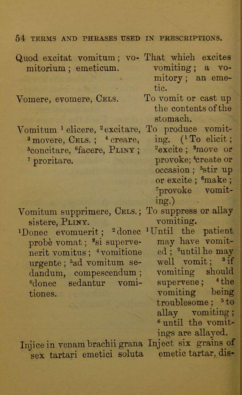 Quod excitat vomitum; vo- mitorium; emeticum. Vomere, evomere, Cels. Vomitum ' elicere, ^excitare, ^ movere, Cels. ; ■* ereare, ®concitare, “facere, Puny ; ’ proritare. Vomitiun supprimere, Cels. ; sistere, Pliny. ’Donee evomuerit; * donee prob^ vomat; ®si superve- nerit vomitus; ‘‘yomitione urgente ; ®ad vomitum se- dandum, compeseendum; donee sedantur vomi- tiones. Inj'iee in venambraehii grana sex tartari emetiei soluta That which excites vomiting; a vo- mitory ; an eme- tic. To vomit or cast up the contents of the stomach. To produce vomit- ing. (’ To elicit; -excite; ’move or provoke; ’create or occasion ; ®stir up or excite ; make ; ^provoke vomit- ing.) To suppress or allay vomiting. ’Until the patient may have vomit- ed ; ’until he may well vomit; ’ if vomiting should supervene; ’ the vomiting being troublesome; ® to allay vomiting; until the vomit- ings are allayed. Inject six grains of emetic tartar, dis-