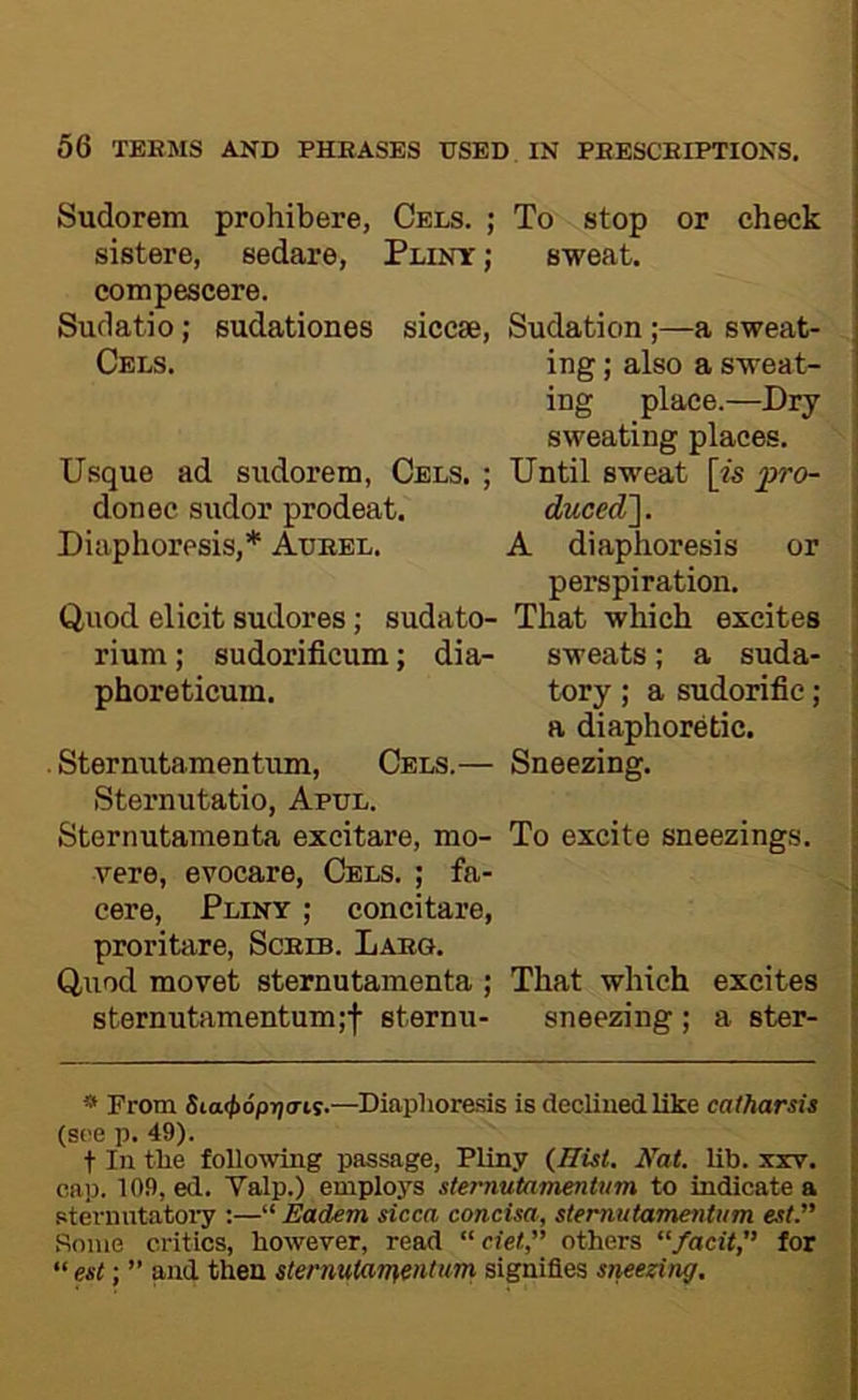 Sudorem prohibere, Cels. ; To stop or check sistere, sedate, Pliny ; sweat, compescere. Sudatio; sudationes siccse, Sudation ;—a sweat- Cels. ing; also a sweat- ing place.—Dry sweating places. U.sque ad sudorem, Cels. ; Until sweat [?s ^ro- donec sudor prodeat. duced'\. Diaphoresis,* Aueel. A diaphoresis or perspiration. Quod elicit sudores; sudato- That which excites rium; sudorificum; dia- sweats; a suda- phoreticum. tory ; a sudorific; a diaphoretic. . Sternutamentum, Cels.— Sneezing. Sternutatio, Apul. Sternutamenta excitare, mo- To excite sneezings, vere, evocare. Cels. ; fa- cere, Pliny ; concitare, proritare, Sceib. Laeg. Quod movet sternutamenta ; That which excites sternutamentum;f sternu- sneezing ; a ster- * From Sia<t>6pricris.—Diaphoresis is declined like catharsii (see p. 49). t In the following passage, Pliny (JlUt, Nat. lib. xxv. cap. 109, ed. Valp.) employs sternutamentum to indicate a sternutatory :—“ Eadem sicca concisa, sterntitamentiim est.” Some critics, however, read “ eiet,” others “facit,” for “ est; ” and then sternutamentum signifies sneezing.