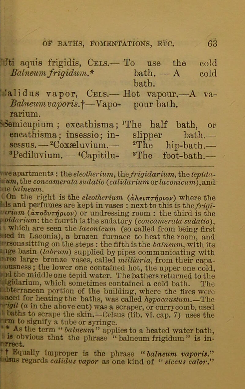 ■•Jti aquis frigidis, Cexs.— To use the cold Balneum frigidum.* bath. — A cold bath. Malidus vapor. Cels.— Hot vapour.—A va- Bahmimvaporis.^—Vapo- pour bath, rarium. ^-Semicupium ; excathisma; 'The half hath, or encathisma; insessio; in- slipper bath.— sessus. — ^Coxaeluvium.— Tlie hip-bath.— ^Pediluvium. — ■'Capitilu- ^The foot-bath.— V ve apartments : the eleotherium, thefrigidariitm, the tepido- !t. um,the concamerala sudatio {calidaHum or Zaco«ic«m), ami I'.ie balneum. ( On the right is the eleotheinum (a\enrTqpiov) where the HJs and jjerfiimes are kept in vases : next to this is thefrigi- i trium (iiToSvTnpiov) or undressing room : the third is the f- oidurium: the fourth is the sudatory {concamerala sudatio), 1 which are seen the laconicum (so called from being first hied in Laconia), a brazen furnace to heat the room, and fThrsoiissitting on the steps : the fifth is the balneum, with its ii.ige basin {lubrum) supplied by pipes communicating with iriree large bronze vn.ses, called milliaria, from their capa- I ousness; the lower one contained hot, the upper one cold, 6 id the middle one tepid water. The bathers returned to the ■ .igidarium, which sometimes contained a cold bath. The I ibterranean portion of the building, where the fires wore »<a^l for heating the baths, was called hypocaustum.—The f^igil {a in the above cut) was a scraper, or currycomb, used ': baths to s^pe the skin.—Olsus (lib. vi. cap. 7) uses the brm to signify a tube or syringe. • * As the term “ balneum ” applies to a heated water bath, is obvious that the plirase “ balneum frigidum ” is in- rvrect. ■* t Eijually improper is the phrase “ balneum vaporis.” i<«1bus regards calidus vapor as one kind of “ siccus calor