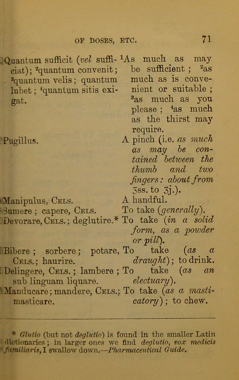 .Quantum sufficit {vel suffi- ^As much _ as may ciat); ^quantum convenit; bo sufficient ; *as ’quantum velis; quantum mucb as is conve- lubet; •’quantum sitis exi- nient or suitable ; gat. ®as much as you please ; ‘‘as much as the thirst may require. 'Pugillus. A pinch (i.e. as much as may be con- tained between the thumb and two fingers: about from 3ss. to 3j.). k;Manipulus, Cels. A handful. i'Sumere ; capere, Cels. To take {^generally). ' Devorare,CELS.; deglutire.* To take {in a solid form, as a powder or pill). I Bibere ; sorbere ; potare, To take {as _ a Cels.; haurire. draught)-, to drink. [ Uelingere, Cels. ; lambere ; To take (as an sub linguam liquare. electuary). 1 Manducare; mandere, Cels.; To take {as a masti- masticare. catory) ; to che'w. * Glutio (but not deglulio) is found in the smaller Latin illctionaries; in larger ones we find deglutio, vox medicis ' /amiliaris, I 8\s'allow down.—PlMrmaceutical Guide.