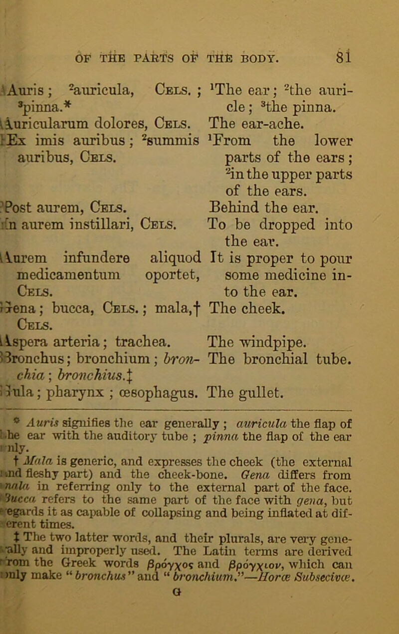 \Auris ; ^auricula, Cels, ; *Tlie ear; ^the a\iri- *piima.* cle; ®tlie pinna, liuricularum dolores, Cels. The ear-ache. 1-Ex imis auribus; ^summis 'From the lower auribus, Cels. parts of the ears; ■■*in the upper parts of the ears. ^Post aurem, Cels. Behind the ear. :{n aurem instillari, Cels. To be dropped into the eai*. Aurem infundere aliquod It is proper to pour medicamentiini oportet, some medicine in- Cels. to the ear. Txena; bucca, Cels. ; mala.f The cheek. Cels. Llspera arteria; trachea. The windpipe. Bronchus; bronchium; hron- The bronchial tube. chia; hronchius.\ ! xula; pharynx ; oesophagus. The gullet. * Auris signifies the ear generally ; auricula the flap of hhe ear with the auditory tube ; pinna the flap of the ear I Illy. t Mala is generic, and expresses the cheek (the external iind fl^hy part) and the cheek-bone. Oena differs from ' mla in referring only to the external part of the face, f 'iueca refers to the same part of the face with gena, but sfegards it as capable of collapsing and being inflated at dif- serent times. t The two latter words, and their plurals, are very gene- iully and improperly used. The Latin terms are derived rrom the Greek words Ppoyxo^ and Ppoyxiov, which can nnly make “ bronchm” ana “ bronchium.”—Uorce Subsecivce. G