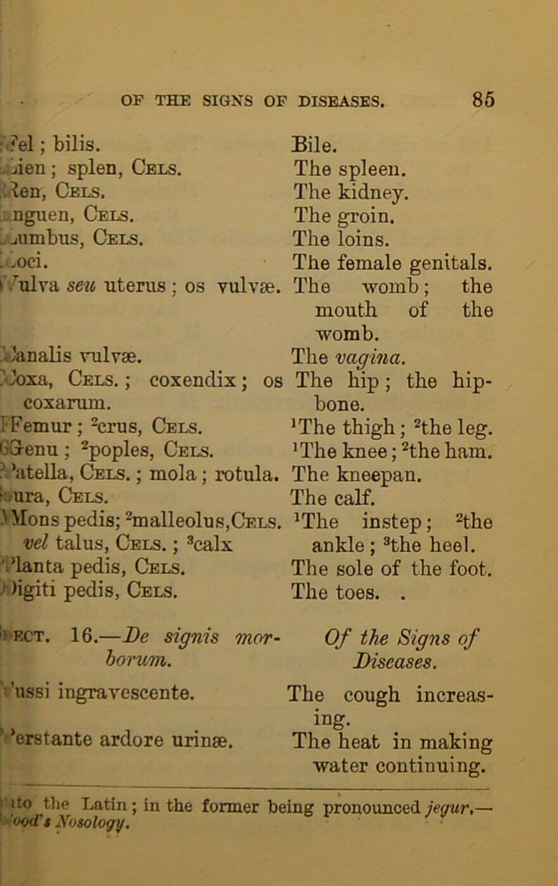 F!?el; bilis. ; splen, Cels. len, Cels. !:.nguen, Cels. uuumbus, Cels. r/ulva seu uterus ; os i!)analis vulvse. rOoxa, Cels. ; coxenclix coxanmi. FFemur; -crus, Cels. GGenu; *poples, Cels. ;’.’atella, Cels. ; mola; rotula. (aura, Cels. .'Mods pedis; ^malleolus,Cels. vel talus, Cels. ; ®calx ^I’lanta pedis. Cels. >.)igiti pedis. Cels. Bile. The spleen. The kidney. The groin. The loins. The female genitals, se. The womb; the mouth of the womb. The vagina. os The hip; the hip- bone. ‘The thigh; *the leg. 'The knee; *the ham. The kneepan. The calf. 'The instep; ^the ankle; ®the heel. The sole of the foot. The toes. . li'ECT. 16.—De signis mor- Of the Signs of borum. Diseases. ■'ussi ingravescente. The cough increas- ing. ’•'erstante ardore urinse. The heat in making water continuing. ! ito the Latin; in the former being pronouncediegwr.— '■’oocTt Nosology. ■