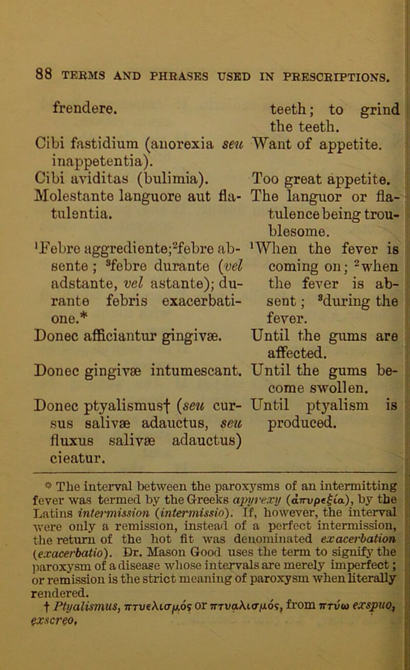 frendere. Cibi fastidium (anorexia seu inappetentia). Cibi aviditas (bulimia). Molestante languore aut fla- tulentia. teeth; to grind j the teeth. Want of appetite. Too great appetite. The languor or fla- ■ tulence being trou- blesome. •Febre aggrediente;^febre ab- 'When the fever is sente; ®febre durante {vel coming on; ®when • adstante, vel astante); du- the fever is ab- ;; rante febris exacerbati- sent; ^during the ji one.* fever. i Donee afficiantur gingivae. Until the gums are ;i alFected. 1 Donee gingivae intumescant. Until the gums be- ; come swollen. Donee ptyalismusf {seu cur- Until ptyalism is sus salivae adauctus, seu produced, fluxus salivae adauctus) cieatur. J I ^ The interval between the paroxy.sms of an intermitting | fever was termed by the Greeks apyrexy (aimpefi'a), by the j Latins intermission {intermissio). If, however, the interval j were only a remission, instead of a perfect intermission, | the return of the hot fit was denominated exacerbation (exacerbatio). Dr. Mason Good uses the term to signify the ])aroxysm of adisease whose intervals are merely imj^rfect; or remission is the strict meaning of paroxysm when literally rendered. t Ptyalismus, TrrveAtcrjads or mvakiopos, from tttvo) exspuo, exscreo.