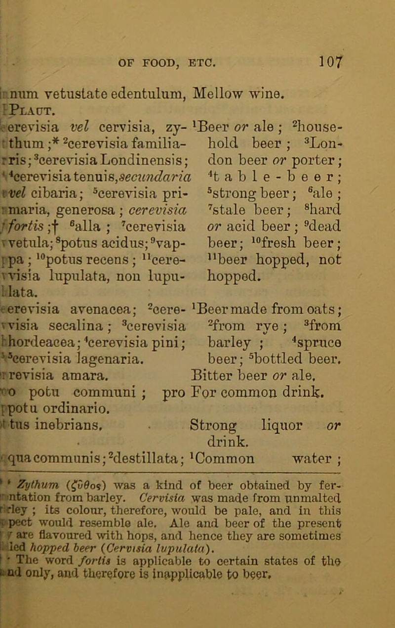 ir mim vetustate edentulum, Mellow wine. IPlact. terevisia vel cervisia, zy- 'Beer or ale ; %onse • thum;*^cerevisiafamilia- hold beer; ®Lon rris; ®cererisiaLondinensis; V^cerevisia tennis,8ec2mdar2a cibaria; ®cerevisia pri- nmaria, generosa; cerevisia 1 fortis ;f ®alla ; ’cerevisia Tvehila;®potus acidus;®vap- pa ; *®potns recens ; cere- vvisia lupulata, non Inpu- Hata. terevisia avenacea; ®cere- 'visia secalina ; ®cerevisia bhordeaeea; “'cerevisia pini; V*cerevisia lagenaria. rrovisia amara. don beer or porter; “*table-beer; ^strong beer; ®ale ; ’stale beer; ®hard or acid beer ; ®dead beer; '“fresh beer; beer bopped, not hopped. 'Beer made from oats ; ^rom rye; “from barley ; “'spruce beer; “bottled beer. Bitter beer or ale. ■^“o potu communi ; pro For common drink, fpotu ordinario. tus inebrians. Strong liquor or drink. • quacommunis;“destillata; 'Common water ; ' ‘ Zythum (^u6oi) was a kind of beer obtained by fer- rmtation from barley. Cervisia was made from unmalted rrley ; its colour, therefore, would be pale, and in this ippect would resemble ale. Ale and beer of the present f f are flavoured with hops, and hence they are sometimes IMed hopped beer (Cervisia lupulata). I • The word fortis is applicable to certain states of the e nd only, and therefore is inapplicable to beer.