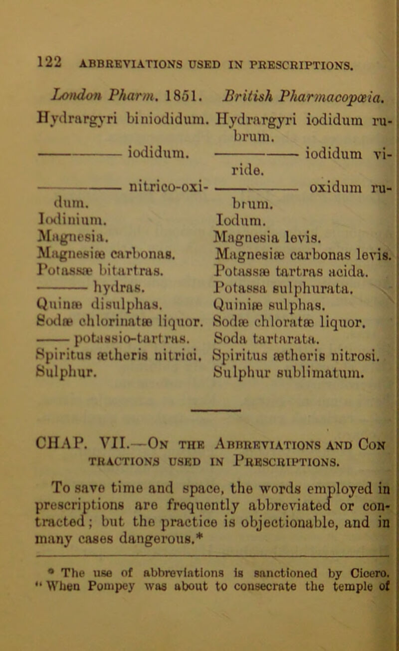 Lo)idon Pharm. 1851. Hyilrargj-ri biniodidum iodidiim. nitrico-oxi- dum. IcKliiiium. Miigiiesiti. Miignesifie cnrbontis. I’otassa? bitartras. hydras. QiiiiuB disulphas. Soda* chlorinattD liquor. potiiHsio-tartras. Spiritus ffilhoris nitrioi. Sulphur. British Pharmacopaia, Hydrargyri iodidum ru- bruni. iodidum vi- ride. oxidum ru- brtini. lodum. Magnesia levis. Magnesiie carbonas levis. rotas.ssB tartras acida. Potassa sulphurata. Quinifie sulphas. Sodte chloratffi liquor. Soda tartarata. Spiritus ffitheris nitrosi. Sulphur sublimatiun. CHAP. VII.—On the Abbreviations and Con TRACTIONS USED IN PRESCRIPTIONS. To .save time and space, the words employed in j prescriptions are frequently abbreviated or con- j traeted; but the practice is objectionable, and in t many cases dangerous.* • The use of abbreviations Is sanctioned by Cicsero. When Pouipey was about to consecrate the temple of