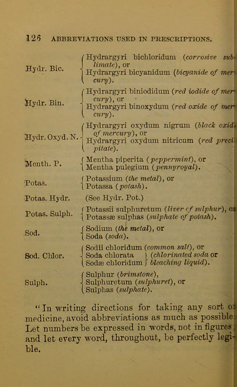 Hydr. Bic. fHydrargjri bichloridum {corrosive suh\ limate), or ' Hydrargyri bicyanidum {bicyanide of mer\ cuiy). I ilydr. Bin. Hydr. Oxyd. N. Month. P. Potas. (Hydrargyri biniodidum {red iodide of mer{ cury), or Hydrargyri binoxyduni {red oxide of met' cury). I’HydrargjTi oxy^dum nigrum {bUick oxiA ] of mercury), or ! I Hydrargyri oxyditm nitricum {red preci] I, pitate). I f Mentha piperita {peppermint), or I t Mentha pulegium {pennyroyal). . f Potassium {the metal), or I t Potassa (potash). Potas. Hydr. (See Hydr. Pot.) T> * o 1 >. ( Potassii snlphnretum (h'rer rf oil 1 otas. buipn. I potassae sulphas {sulphate of potash). _ , ( Sodium {thi metal), or (Soda {soda). Sod. Chlor. Sodii chloridum {common salt), or Soda chlorata ) {chlorinated soda or Sodae chloridum J bleaching liquid). Sulph. Sulphur {brimstone), • Sulphuretum {sutphuret), or Sulphas {sulphate). “ In writing directions for taking any sort o: S medicine, avoid abbreviations as much as possible | Let numbers be expressed in words, not in figures ji and let every word, throughout, be perfectly legi-H ble.