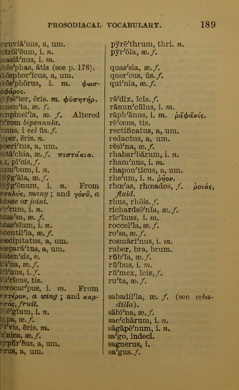 rruvia'nus, a, um. tetr51'6um, i. n. ixasia'nus, i. m. Aos'phas, atia (see p. 176). lAosphor'Icus, a, um. MOs'phOrus, i. m. ifxaa-- if yseter, eris. m. <j>vm]T^p. laneu'ta, f. K-npinel'la, sa. /. Altered frfrom bipennula. 'suns, i vel ts.f. 'l‘per, eris. n. poeri'tus, a, um. i!-ta'chia, ae./. irioTo»cta. I.:, pl'cis,/. inm'biun, i. n. IJiyg'ala, se./. Ijiyg'Sniun, i. re. From r ToWs, many; and yovii, a liiiee or joint. ri/rum, L re. tttas'sa, ae. /. titas'slum, i. re. iecentil'la, ae./. B6Bcipitatus, a, um. eepara'tus, a, um. Uiten'sis, e. S i'na, ae./. S'l'nus, i./. W'rlens, tis. !T!rocar'pus, i. rei. From rTTe'pox, a mng ; and <ap- rro^, fruit. !>' .e'ginm, i. re. Ir pa, ae./. I'i'vis, 6^. m. 't'nica, ae./. trrpfir'gus, a, tun. r rus, a, um. pyre'thrum, thri. re. pjnr'ola, ae./. quas'sia, ae./. quer'cus, ds./. qui'nia, ae./. ra'dix, icis./. ranun'ctilus, i. m. raph'anus, i. ni. pa^otvC^. rS'cens, tis. rectiflcatus, a, um. redactus, a, um. rgsl'na, ae./. rhabar'barum, i. re. rham'nus, i. m. rhapon'ticus, a, um. rhe'um, i. re. pjjov. rhoe'as, rhoeados, /. potas, fluid. rhus, rhois./. richardso'nia, ae./. ricODuus, i. m. roccel'Ia, ae./. ro'sa, ae./. rosmari'nus, i. m. ruber, bra, brum. rtib'Ia, ae../. rii'bus, i. m. rii'mex, Icis, f. ru'ta,»./. sabaidil'la, ae. /. (see ceba- dilla). sabi'na, ae./. sac'chaimm, i. re. sag&pe'num, i. re. sa'go, indecl. saguerus, i, sa'gus./.