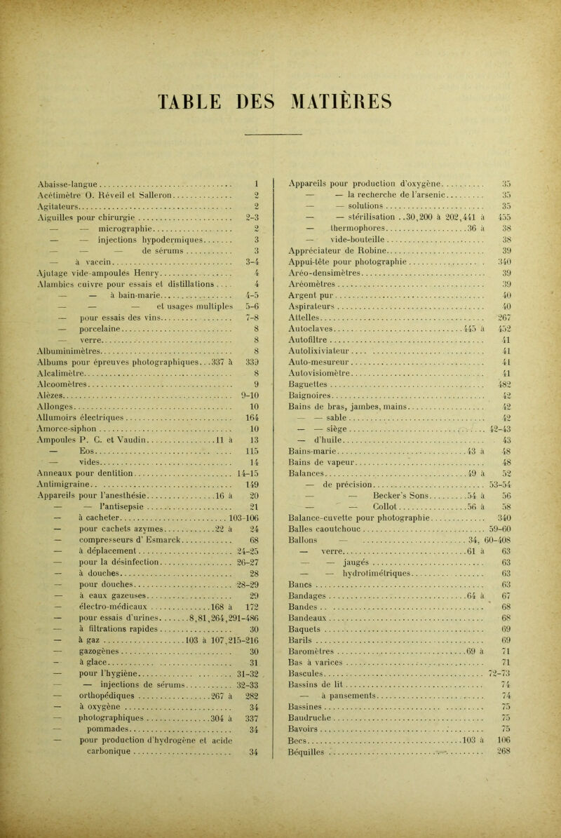 TABLE DES MATIERES Abaisse-langue 1 Acélimètre 0. Réveil et Salleron 2 Agitateurs 2 Aiguilles pour chirurgie 2-3 — — micrographie 2 — — injections hypodermiques 3 — — de sérums 3 — il vaccin 3-4 Ajutage vide-ampoules Henry 4 Alambics cuivre pour essais et distillations ... 4 — <ï bain-marie 4-5 — — et usages multiples 5-6 — pour essais des vins 7-8 — porcelaine 8 — verre 8 Albuminimètres 8 Albums pour épreuves photographiques.. .337 à 339 Alcalimètre 8 Alcoomètres 9 Alèzes 9-10 Allonges 10 Allumoirs électriques 164 Amorce-siphon 10 Ampoules P. C. et Vaudin 11 à 13 — Eos 115 — vides 14 Anneaux pour dentition 14-15 Antimigraine 149 Appareils pour l’anesthésie 16 à 20 — — l’antisepsie 21 — à cacheter 103-106 — pour cachets azymes 22 à 24 — compresseurs d’Esmarck 68 — à déplacement 24-25 — pour la désinfection 26-27 — à douches 28 — pour douches 28-29 — à eaux gazeuses 29 — électro-médicaux 168 à 172 — pour essais d’urines 8,81,264,291-486 — à filtrations rapides 30 — à gaz 103 à 107,215-216 — gazogènes 30 à glace 31 — pour l'hygiène 31-32 — injections de sérums 32-33 — orthopédiques 267 à 282 — à oxygène 34 — photographiques 304 à 337 pommades 34 — pour production d’hydrogène et acide carbonique 34 Appareils pour production d’oxygène 35 — — la recherche de l’arsenic 35 — solutions 35 — — stérilisation ..30,200 à 202,441 à 435 — lhermophores 36 à 38 — vide-bouteille 38 Appréciateur de Robine 39 Appui-tête pour photographie 340 Aréo-densimètres 39 Aréomètres Argent pur Aspirateurs Attelles Autoclaves Autofiltre Autolixivialeur Auto-mesureur Autovisiomèlre Baguettes Baignoires Bains de bras, jambes, mains — — sable — — siège — d’huile Bains-marie Bains de vapeur Balances — de précision — Becker’s Sons. — — Collot Balance-cuvette pour photographie Balles caoutchouc Ballons — — verre 39 40 40 267 445 ii 452 41 41 41 41 482 42 42 42-43 43 43 à 48 48 49 à 52 .... 53-54 54 à 56 56 à 58 340 59-60 34, 60-408 61 à 63 — — jaugés 63 — — hydrolimélriques 63 Bancs 63 Bandages 64 à 67 Bandes 68 Bandeaux 68 Baquets 69 Barils 69 Baromètres 69 à 71 Bas à varices 71 Bascules 72-73 Bassins de lit 74 — à pansements 74 Bassines 75 Baudruche 75 Bavoirs .' 75 Becs 103 à 106 Béquilles ■ 268