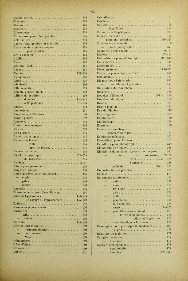Châssis-presse 345 Chausses 134 Chaussettes 135 Chaussons 135 Chloromètre 135 Chronopose pour photographie 345 Ciels factices — — 345 Cigares fume-goudron et menthol 135 Cigarettes de et pour camphre 135 — pour goudron 135 Cire à cacheter 135 Cisailles 136 Ciseaux 136 Classeur Idéal 137 Cloches 137 Clysoirs 137-136 Clysopompes 138 Coiffes 138 Cols droits 206 Colle végétale 138 Collecto-gouttes lleeb 139 Colliers de dentition 139 — douches 140-141 — orthopédiques 273-274 Compas 142 Composteurs 471 Compresseurs d’artères 68 Compte-gouttes L 42 Conserves 143 Copies d'ordonnances 234 Coricide 209 Corn-plasters 144 Cornets acoustiques 144 Cornues en biscuit 144 — fonte 144 — — grès de Hesse 144 Cornues en verre 145 Corsets orthopédiques 273-275 — de grossesse 275 Coryleur 16-17 Cotons pour pansements 145 Coupes en quassia 220 Coupe-épreuves pour photographie 346 — ongles 145 — pâtes 146 — racines 146 Coupelles 145 Couronnements pour Becs Bunsen 107 Coussins hygiéniques 147-148 —■ de voyage et d’appartement 147-148 Couteaux 148 Couvercles pour creusets 150 Couvre-nez 148 — œil 148 — oreilles 148 Crachoirs 148-149 Crayons anti-migraine 149 — dermographiques 149 — pour verrues 149 — Moser 149 Crémomètres 149 Crêpe Velpeau 149 Creusets : 150 Cribles 464 Cristallisoirs 151 Cruchons 151 Cuillers 151-152 — fixes Pinot 152 Cuissards orthopédiques 282 Cuves à mercure 153 — pour photographie 346-347 Cuvettes à pansèmenls 153 — pour photographie ' 347 Cylindres à eau chaude 96-97 Daviers 153-154 Dégradateurs pour photographie 347-348 Densimètres 154 Dessicateurs 154 Développateurs 360-361 Diamants pour couper le verre 348 Dilatateurs 155 Disques pour bain-marie 155 — — pilules et granules 155 Dissolution de caoutchouc 155 Doigtiers 156 Douches d’Esmarck 156 à 159 Doucheur de Dumez 159 Drains .... 481 Drap d’Hôpital 473 Eau de Glauber 218 Eau oxygénée 160 Ebulliomètre 160 Ebullioscope 160 Écarteurs 160 Échelle alcoométrique 161 — œnobarométrique 161 Éclaireurs médicaux 161 Écouvillons pour l’utérus 161 Egouttoirs pour photographie 348 Elaiomètre de Gobley 161 Electricité domestique. Accessoires de pose.... 162 — — pour sonneries. .162-163 Piles 164 à 168 — Sonneries 168 — médicale 170 ii 172 Emporte-pièces à pastilles 173 Enémas 173 Entonnoirs caoutchouc 173 — cuivre 173 — étain 173 — fer-blanc 174 — grès 174 — gutta 174 — porcelaine 174 — tôle émaillée 174 — verre 174-175 pour filtrations à chaud . ...- 176 filtrer la gélatine 176 — — - — gélose et la gélatine.. 176 avec chauffage à la vapeur 177 Enveloppes pour prescriptions médicales 180 à prises 378 Epaulière de maintien 177 Epingles de sûreté 177 — à sutures 177 • Eponges antiseptiques 178 pour toilette 178 — montées 128-232