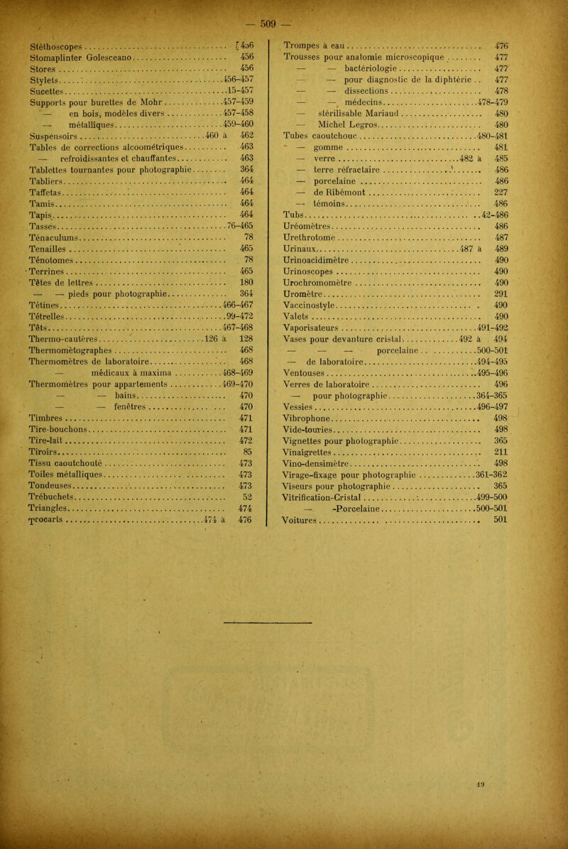 ^ • 7 ' ' ■ 1 ’ r ••• — 509 — Stéthoscopes t4o6 Stomaplinter Golesçeano 456 Stores 456 Stylets 456-457 Sucettes ■, 15-457 Supports pour burettes de Mohr 457-459 — en bois, modèles divers 457-458 — m é talliques 459-460 Suspensoirs 460 à 462 Tables de corrections alcoométriques 463 — refroidissantes et chauffantes 463 Tablettes tournantes pour photographie 364 Tabliers 464 Taffetas 464 Tamis 464 Tapis, 464 Tasses 76-465 Ténaculums 78 Tenailles 465 Ténotomes 78 • Terrines 465 Têtes de lettres 180 — — pieds pour photographie 364 Tétines 466-467 Tétrelies. 99-472 Têts 467-468 Thermo-cautères 126 à 128 Thermomètographes 468 Thermomètres de laboratoire 468 —■ médicaux à maxima 468-469 Thermorhètres pour appartements 469-470 — — bains 470 — — fenêtres 470 Timbres 471 Tire-bouchons 471 Tire-lait 472 Tiroirs 85 Tissu caoutchouté 473 Toiles métalliques 473 Tondeuses 473 Trébuchets 52 Triangles 474 'procarts 474 à 476 Trompes à eau 476 Trousses pour anatomie microscopique 477 — — bactériologie 477 — pour diagnostic de la diphtérie .. 477 — — dissections 478 — — médecins 478-479 — stérilisable Mariaud 480 — Michel Legros 480 Tubes caoutchouc 480-481 — gomme 481 — verre 482 à 485 — terre réfractaire 1 486 — porcelaine 486 — de Ribémont 227 — témoins 486 Tubs 42-486 Uréomètres 486 Urethrotome 487 Urinaux 487 à 489 Urinoacidimètre 490 Urinoscopes 490 Urochromomètre 490 Uromètre 291 Vaccinostyle 490 Valets 490 Vaporisateurs 491-492 Vases pour devanture cristal. 492 à 494 — — — porcelaine 500-501 — de laboratoire 494-495 Ventouses 495-496 Verres de laboratoire 496 — pour photographie 364-365 Vessies 496-497 Vibrophone 498 Vide-touries 498 Vignettes pour photographie 365 Vinaigrettes 211 Vino-densimètre 498 Virage-fixage pour photographie 361-362 Viseurs pour photographie 365 Vitrification-Cristal ■. 499-500 — -Porcelaine 500-501 Voitures 501