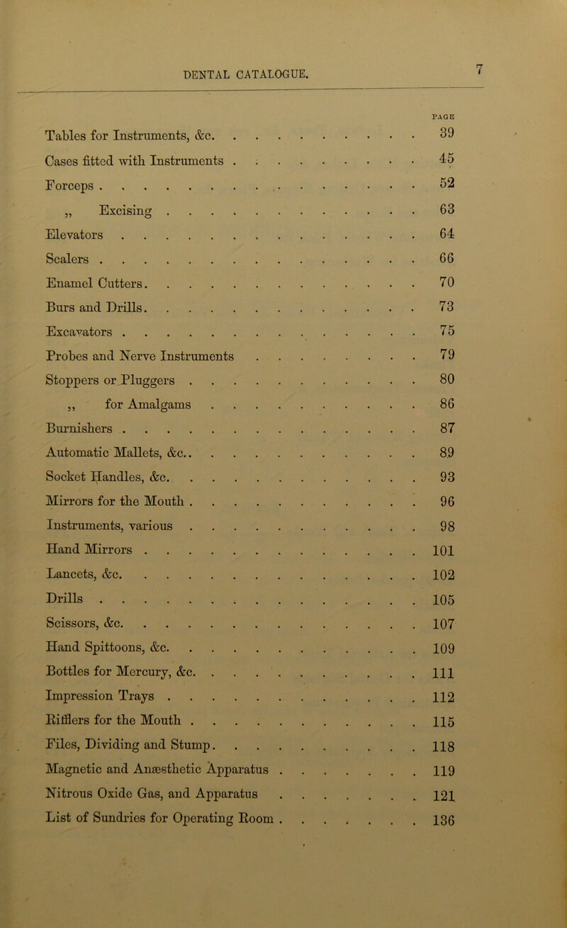 PAGE Tables for Instruments, &c 39 Cases fitted with Instruments 45 Forceps 52 „ Excising 63 Elevators 64 Scalers 66 Enamel Cutters 70 Burs and Drills 73 Excavators 75 Probes and Nerve Instruments 79 Stoppers or Pluggers 80 ,, for Amalgams 86 Burnishers 87 Automatic Mallets, &c 89 Socket Handles, &c 93 Mirrors for the Mouth 96 Instruments, various 98 Hand Mirrors 101 Lancets, &c 102 Drills 105 Scissors, &c 107 Hand Spittoons, &c 109 Bottles for Mercury, &c Ill Impression Trays 112 Eilflers for the Mouth 115 Files, Dividing and Stump 118 Magnetic and Anaesthetic Apparatus 119 Nitrous Oxide Gas, and Apparatus 121 List of Sundries for Operating Koom ....... 136