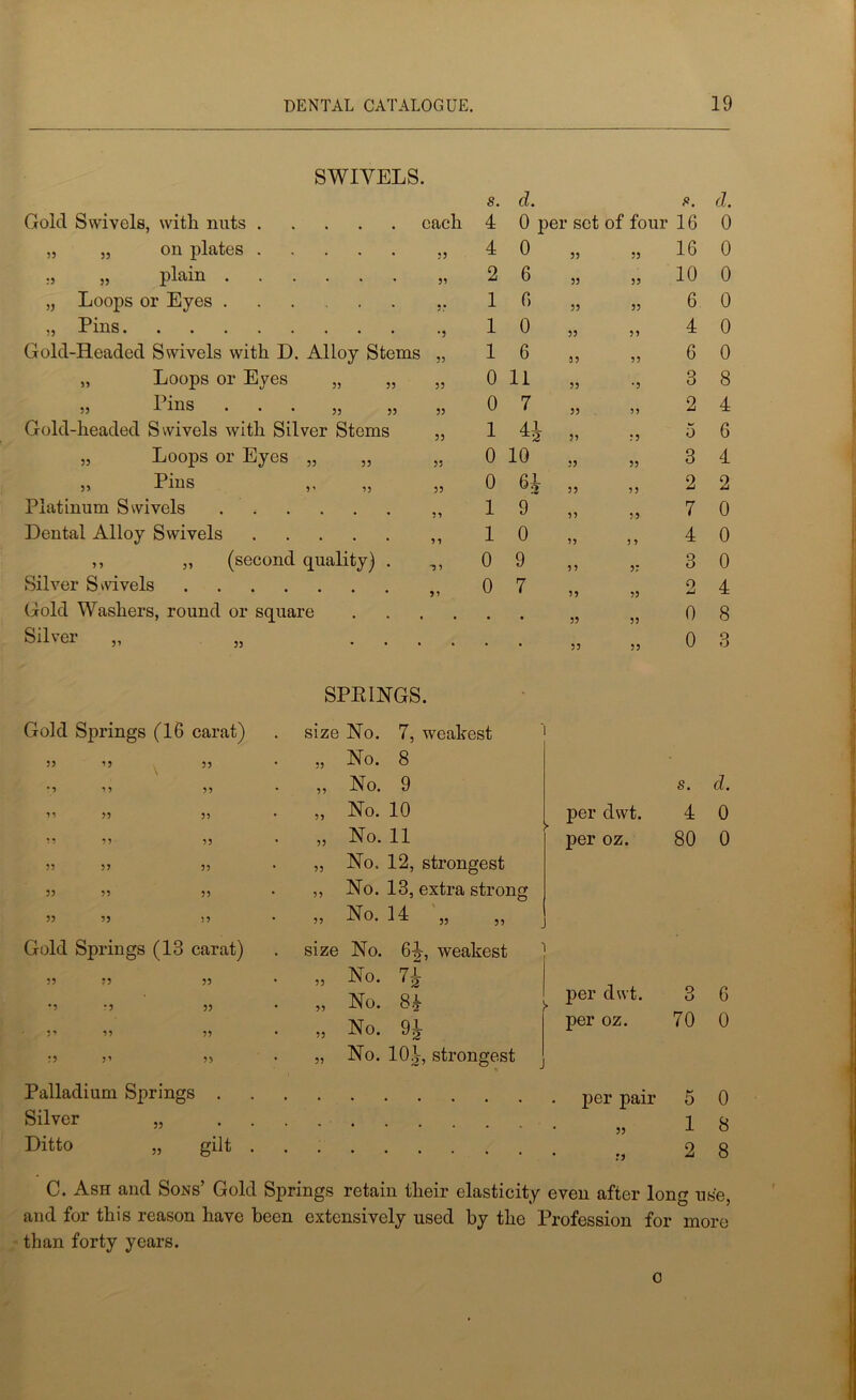 SWIVELS. 55 55 55 55 Gold Swivels, with nuts each on plates plain . „ Loops or Eyes . » Pius , Gold-Headed Swivels with D. Alloy Stems „ „ Loops or Eyes „ „ » Pius . . . „ „ Gold-headed Swivels with Silver Stems „ Loops or Eyes „ „ Pins Platinum Swivels Dental Alloy Swivels .... ,, „ (second quality) Silver S wivels Gold Washers, round or square Silver 55 55 55 55 55 55 55 55 55 55 *5 5 55 s. d. ,o. 4 0 per set of four 16 4 0 55 55 16 2 6 55 55 10 1 0 55 55 6 1 0 55 55 4 1 6 55 55 6 0 11 55 •5 3 0 7 55 55 2 1 *4 55 55 5 0 10 55 55 3 0 6J 55 55 2 1 9 55 55 7 1 0 55 5 5 4 0 9 5 5 5; 3 0 7 55 55 2 • • 55 55 0 . . 55 55 0 SPRINGS. Gold Springs (16 carat) size No. 7, weakest 55 55 55 • 55 No. 8 *5 5 9 55 ■ 55 No. 9 s. 5 5 >5 55 • 55 No. 10 per clwt. 4 55 15 55 • 55 No. 11 per oz. 80 55 55 55 • 55 No. 12, strongest 55 55 55 • 55 No. 13, extra strong 55 55 55 • 55 No. 14 „ „ Gold Springs (13 carat) size No. 64, weakest 55 55 •5 55 55 55 • 55 • 55 No. 74 No. 8£ per dwt. 0 0 5 5 55 55 • 55 No. 94 per oz. 70 55 5 5 5 > • 55 No. 10o, strongest Palladium Springs per pair 5 Silver „ 1 v 55 x Ditto „ gilt rj 2 d. 0 0 0 0 0 0 8 4 6 4 2 0 0 0 4 8 3 d. 0 0 G 0 0 8 8 C. Ash and Sons’ Gold Springs retain their elasticity even after long use, and for this reason have been extensively used by the Profession for more than forty years. 0