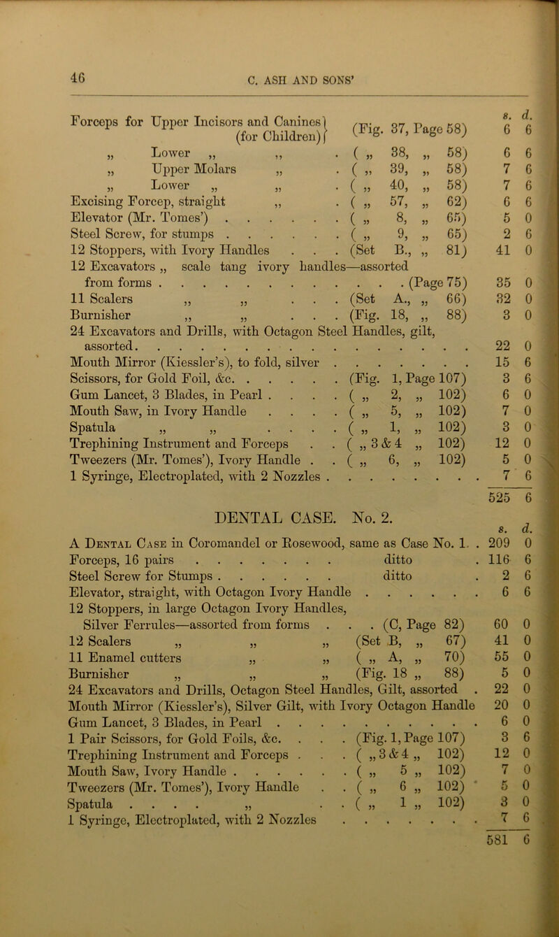 Forceps for Uppor Incisors and Canines') (for Children)) (Eig. 37, Page 58) 8. 6 d. 6 „ Lower „ ( „ 38, „ 58; 6 6 „ Upper Molars „ ( » 39, „ 58) 7 6 „ Lower „ ( » 40, „ 58) 7 6 Excising Forcep, straight ,, ( „ 57, „ 62; 6 6 Elevator (Mr. Tomes’) ( » 8, „ 65) 5 0 Steel Screw, for stumps ( „ 53 65) 2 6 12 Stoppers, with Ivory Handles (Set L., „ 81) 41 0 12 Excavators „ scale tang ivory handles —assorted from forms . (Page 75) 35 0 11 Scalers ,, „ ... (Set A., „ 66) 32 0 Burnisher „ „ ... (Fig. 18, „ 88) 3 0 24 Excavators and Drills, with Octagon Steel Handles, gilt, assorted 22 0 Mouth Mirror (Kiessler’s), to fold, silver . 15 6 Scissors, for Gold Foil, &c (Eig. 1, Page 107) 3 6 Gum Lancet, 3 Blades, in Pearl .... ( » 2, ,, 102) 6 0 Mouth Saw, in Ivory Handle .... ( „ 5, „ 102) 7 0 Spatula „ „ .... ( » 1, „ 102) 3 0 Trephining Instrument and Forceps ( „ 3 «fe 4 „ 102) 12 0 Tweezers (Mr. Tomes’), Ivory Handle . ( » 6, „ 102) 5 0 1 Syringe, Electroplated, with 2 Nozzles 7 6 525 6 DENTAL CASE. No. 2. Sm U» A Dental Case in Coromandel or Rosewood, same as Case No. 1. . 209 0 Forceps, 16 pairs ditto .116 6 Steel Screw for Stumps ditto . 2 6 Elevator, straight, with Octagon Ivory Handle 6 6 12 Stopj>ers, in large Octagon Ivory Handles, Silver Ferrules—assorted from forms . (C, Page 82) 60 0 12 Scalers „ „ „ (Set B, „ 67) 41 0 11 Enamel cutters „ 35 ( 35 A, ,, 70) 55 0 Burnisher „ „ 33 (Eig. 18 „ 88) 5 0 24 Excavators and Drills, Octagon Steel Handles, Gilt, assorted 22 0 Mouth Mirror (Kiessler’s), Silver Gilt, w ith Ivory Octagon Handle 20 0 Gum Lancet, 3 Blades, in Pearl . • . • 6 0 1 Pair Scissors, for Gold Foils, &c. . . (Fig. l,Pag< 3 107) 3 6 Trephining Instrument and Forceps . • • ( „3&4„ 102) 12 0 Mouth Saw, Ivory Handle .... • • ( 33 5 „ 102) 7 0 Tweezers (Mr. Tomes’), Ivory Handle • • ( 33 6 33 102) ‘ 5 0 Spatula .... „ • • (33 ^ 33 102) 3 0 1 Syringe, Electroplated, with 2 Nozzles 7 6 < 581 6