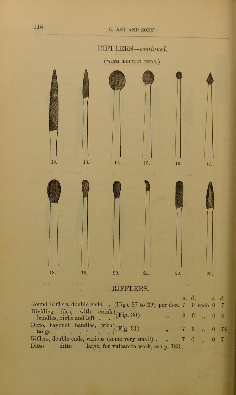 C. ASH AND SONS’ RIFFLERS—continued. 12. (with double ends.) 13. 14. 15. 16. s. Round RifHers, double ends . (Figs. 27 to 29) per doz. 7 Dividing files, with crank) OAX handles, right and left . . )(FlS- 30) » 3 Ditto, bayonet tangs R.ifflers, double ends, various (some very small) . „ 7 Ditto ditto large, for vulcanite work, see p. 183. bandies, with '}(Fig. 31) 23. d. s. d. 0 each 0 7 0 „ 0 8 6 „ 0 U 0 „ 0 7