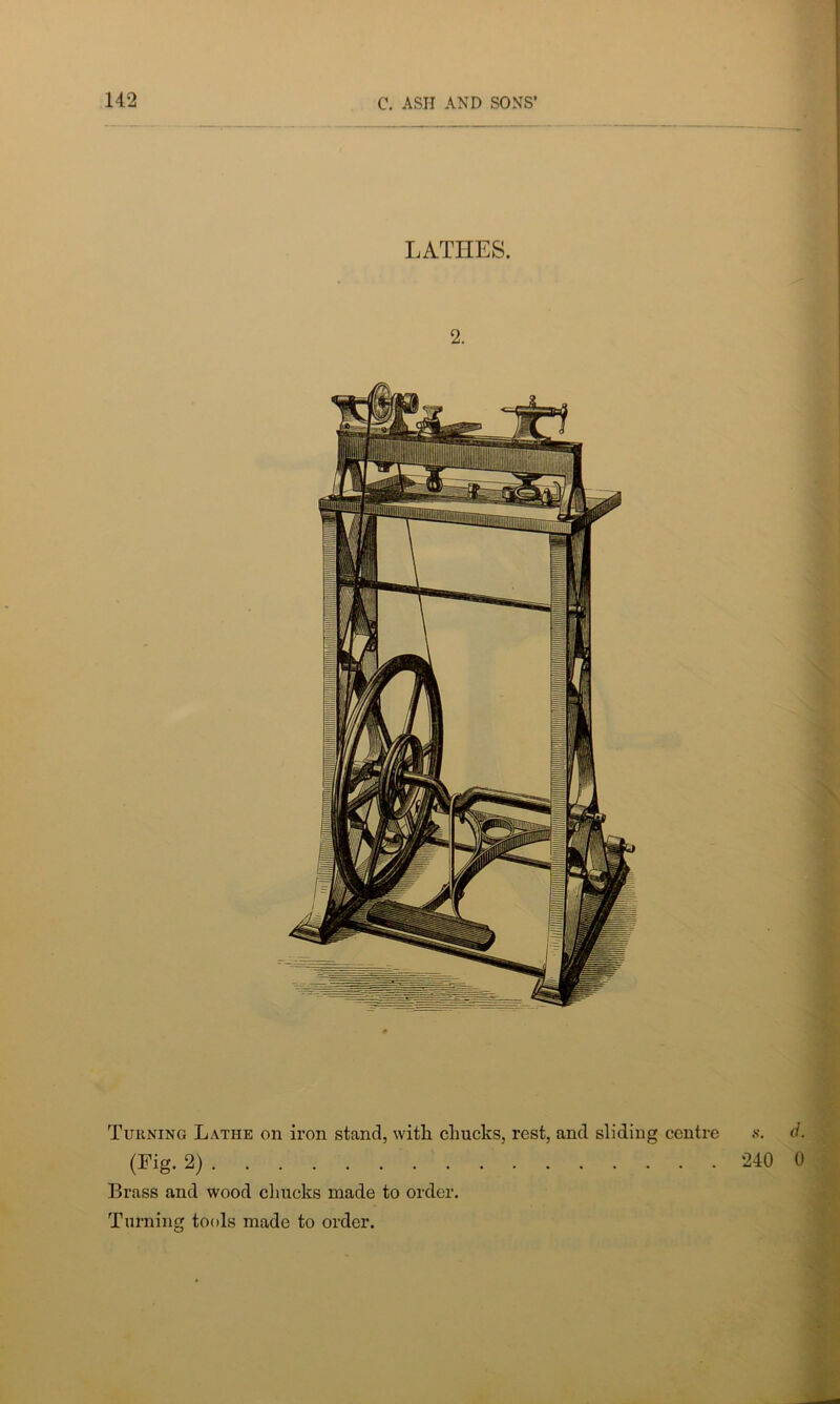 LATHES. 2. Turning Lathe on iron stand, with chucks, rest, and sliding centre d. (Fig. 2) 240 0 Brass and wood chucks made to order. Turning tools made to order.