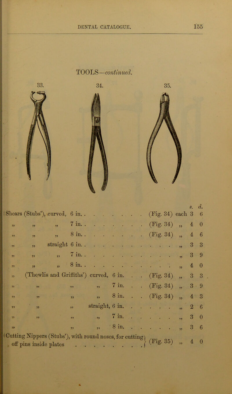 33 3* 33 Shears (Stubs’), \curved, 6 in. 7 in. 8 in. straight 6 in. „ 7 in. „ 8 in. 33 33 33 (Thewlis and Griffiths’) curved, 6 in. »» 7 in. „ 8 in. straight, 6 in. 7 in. 33 33 33 33 33 8 in. (Fig. 34) each 3 (Fig. 34) „ 4 (Fig. 34) (Fig. 34) (Fig. 34) (Fig. 34) Cutting Nippers (Stubs’), with round noses, for cutting | . . off pins inside plates ( (Fig- 35) 55 55 55 55 55 55 55 d. 6 0 6 3 9 0 3 . 9 3 6 0 6 0