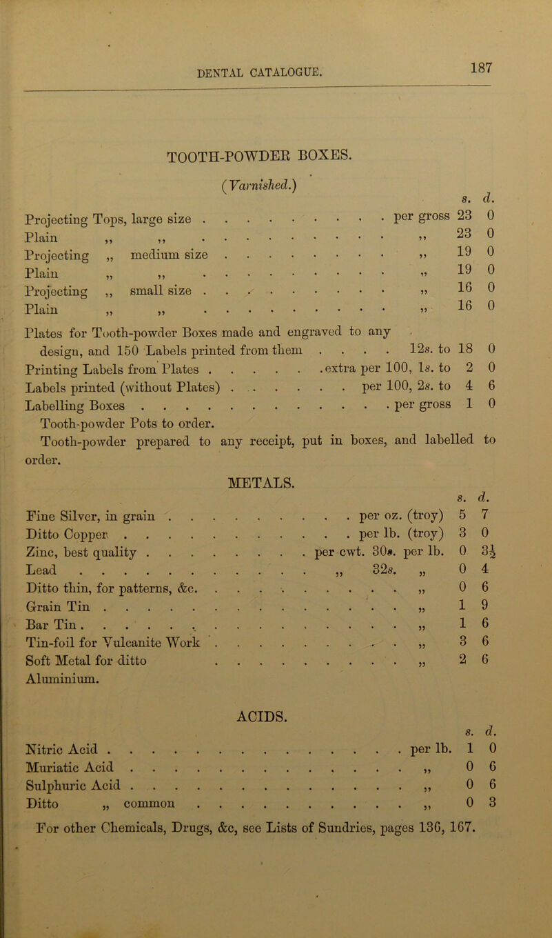 TOOTH-POWDER BOXES. ( Varnished.) s. Projecting Tops, large size . Plain ,, ,, Projecting „ medium size Plain „ ,, Projecting ,, small size . Plain ,, „ per gross 23 3 3 23 33 19 33 19 33 16 33 16 Plates for Tooth-powder Boxes made and engraved to any design, and 150 Labels printed from them .... 12s. to 18 Printing Labels from Plates extra per 100, Is. to 2 Labels printed (without Plates) per 100, 2s. to 4 Labelling Boxes per gross 1 Tooth-powder Pots to order. Tooth-powder prepared to any receipt, put in boxes, and labelled order. d. 0 0 0 0 0 0 0 0 6 0 to METALS. Fine Silver, in grain per oz. (troy) Ditto Copper* per lb. (troy) Zinc, best quality per cwt. 30s. per lb. Lead ,, 32s. Ditto thin, for patterns, &c Grain Tin Bar Tin Tin-foil for Vulcanite Work Soft Metal for ditto Aluminium. 33 33 33 33 s. d. 5 7 3 0 0 3i 0 4 0 6 1 9 1 6 3 6 2 6 ACIDS. Nitric Acid . Muriatic Acid Sulphuric Acid . Ditto „ common per lb. 33 33 33 s. d. 1 0 0 6 0 6 0 3 For other Chemicals, Drugs, &c, see Lists of Sundries, pages 13G, 167.