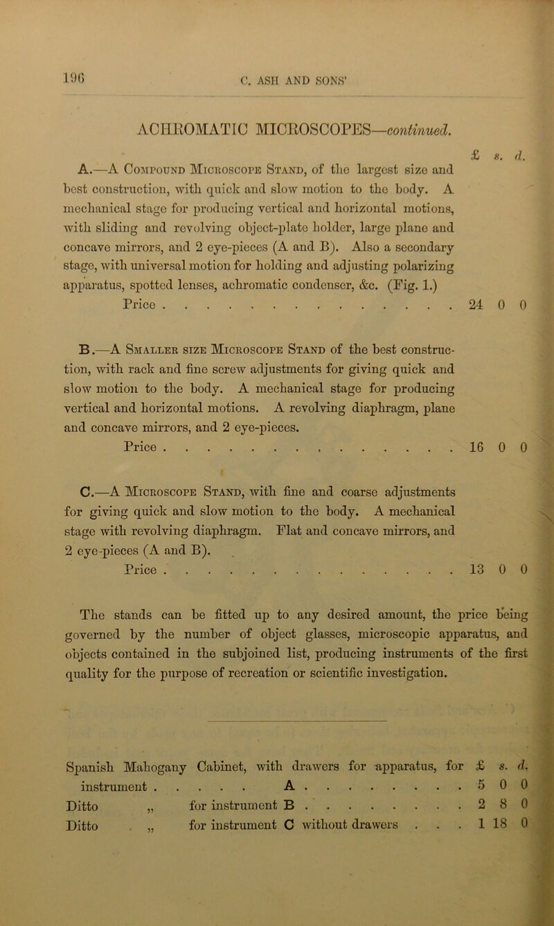 19G ACHROMATIC MICROSCOPES—continued. £ s. d. A. —A Compound Microscope Stand, of tlie largest si/e and best construction, with quick and slow motion to the body. A mechanical stage for producing vertical and horizontal motions, with sliding and revolving object-plate holder, large plane and concave mirrors, and 2 eye-pieces (A and B). Also a secondary stage, with universal motion for holding and adjusting polarizing apparatus, spotted lenses, achromatic condenser, &c. (Fig. 1.) Price 24 0 0 B. —A Smaller size Microscope Stand of the best construc- tion, with rack and fine screw adjustments for giving quick and slow motion to the body. A mechanical stage for producing vertical and horizontal motions. A revolving diaphragm, plane and concave mirrors, and 2 eye-pieces. Price 16 0 0 C.—A Microscope Stand, with fine and coarse adjustments for giving quick and slow motion to the body. A mechanical stage with revolving diaphragm. Flat and concave mirrors, and 2 eye-pieces (A and B). Price 13 0 0 The stands can be fitted up to any desired amount, the price being governed by the number of object glasses, microscopic apparatus, and objects contained in the subjoined list, producing instruments of the first quality for the purpose of recreation or scientific investigation. Spanish Mahogany Cabinet, with drawers for apparatus, for £ s. d. instrument A 500 Ditto „ for instrument B 280