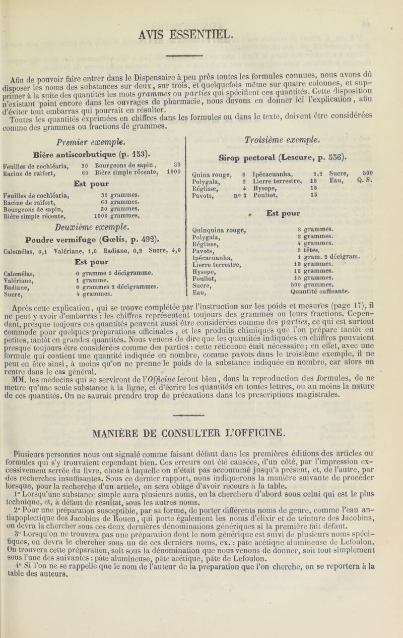 AVIS ESSENTIEL. Afin de pouvoir faire entrer dans le Dispensaire à peu près toutes les formules connues, nous avons du disposer les noms des substances sur deux, sur trois, et quelquefois même sur quatre colonnes, et sup- primer à la suite des quantités les mots grammes ou parties qui spécifient ces quantités. Cette disposition Ksîant point encore dans les ouvrages de pharmacie, nous devons en donner ici 1 explication, afin d’éviter tout embarras qui pourrait en résulter. „ ... , Toutes les quantités exprimées en chiffres dans les formules ou dans le texte, doivent etre considérées comme des grammes ou fractions de grammes. Premier exempte. Bière antiscorbutique (p. 453). Feuilles de cochléaria, Racine de raifort, 30 Bourgeons de sapin, 60 Bière simple récente, Est pour Feuilles de coclilêarîa, Racine de raifort, Bourgeons de sapin, Bière simple récente, 30 grammes. 60 grammes. 30 grammes. 1000 grammes. 30 1000 Deuxième exemple. Poudre vermifuge (Gœlis, p. 492). Calomélas, 0,1 Valériane, 1,0 Badiane, 0,2 Sucre, 4,0 Calomélas, Valériane, Badiane, Sucre, Est pour 0 gramme l décigramme. 1 gramme. O grammes 2 déeigrammes. 4 grammes. Troisième exemple. Sirop pectoral (Lescure, p. 556). Quina rouge, 8 Polygala, 2 Réglisse, 4 Pavots, n« 3 Quinquina rouge, Polygala, Réglisse, Pavots, Ipécacuanha, Lierre terrestre, Hysope, Pouliot, Sucre, Eau, Ipécacuanha, Lierre terrestre, Hysope, Pouliot, Est pour 1,2 Sucre, 800 15 Eau, Q. S. 15 15 8 grammes. 2 grammes. 4 grammes. 3 têtes. 1 gram. 2 décigram. 15 grammes. 15 grammes. 15 grammes. 500 grammes. Quantité suffisante. Après cette explication, qui se trouve complétée par l’instruction sur les poids et mesures (page 17), il ne peut y avoir d’embarras : les chiffres représentent toujours des grammes ou leurs fractions. Cepen- dant, presque toujours ces quantités peuvent aussi être considérées comme des parties, ce qui est surtout commode pour quelques'préparations officinales, et les produits chimiques que Ion prépare tantôt en petites, tantôt en grandes quantités. Nous venons de dire que les quantités indiquées en chiffres pouvaient presque toujours être considérées comme des parties : celte réticence était nécessaire; en effet, avec une formule qui contient une quantité indiquée en nombre, comme pavots dans le troisième exemple, il ne peut en être ainsi, à moins qu’on ne prenne le poids de la substance indiquée en nombre, car alors on rentre dans le cas général. MM. les médecins qui se serviront de YOfficine feront bien , dans la reproduction des formules, de ne mettre qu’une seule substance à la ligne, et d’écrire les quantités en toutes lettres, ou au moins la nature de ces quantités. On ne saurait prendre trop de précautions dans les prescriptions magistrales. MANIÈRE DE CONSULTER L’OFFICINE. Plusieurs personnes nous ont signalé comme faisant, défaut dans les premières éditions des articles oit formules qui s’y trouvaient cependant bien. Ces erreurs ont été causées, d’un côté, par l’impression ex- cessivement serrée du livre, chose à laquelle on n’était pas accoutumé jusqu’à présent, et, de l’autre, par des recherches insuffisantes. Sous ce dernier rapport, nous indiquerons la manière suivante de procéder lorsque, pour la recherche d’un article, on sera obligé d’avoir recours à la table. 1“ Lorsqu’une substance simple aura plusieurs noms, on la cherchera d’abord sous celui qui est le plus technique, et, à défaut de résultat, sous les autres noms. 2° Pour une préparation susceptible, par sa forme, de porter différents noms de genre, comme l’eau an- tiapopleclique des Jacobins de Rouen, qui porte également les noms d’élixir et de teinture des Jacobins, on devra la chercher sous ces deux dernières dénominations génériques si la première lait défaut. 3U Lorsqu’on ne trouvera pas une préparation dont le nom générique est suivi de plusieurs noms spéci- fiques, on devra le chercher sous un de ces derniers noms, ex. : pâle acétique alumineuse de Lefoulon. On trouvera cette préparation, soit sous la dénomination que nous venons de donner, soit tout simplement sous l’une des suivantes : pâte alumineuse, pâte acétique, pâte de Lefoulon. 4° Si l’on ne se rappelle que le nom de l’auteur de la préparation que l’on cherche, on se reportera à la table des auteurs.