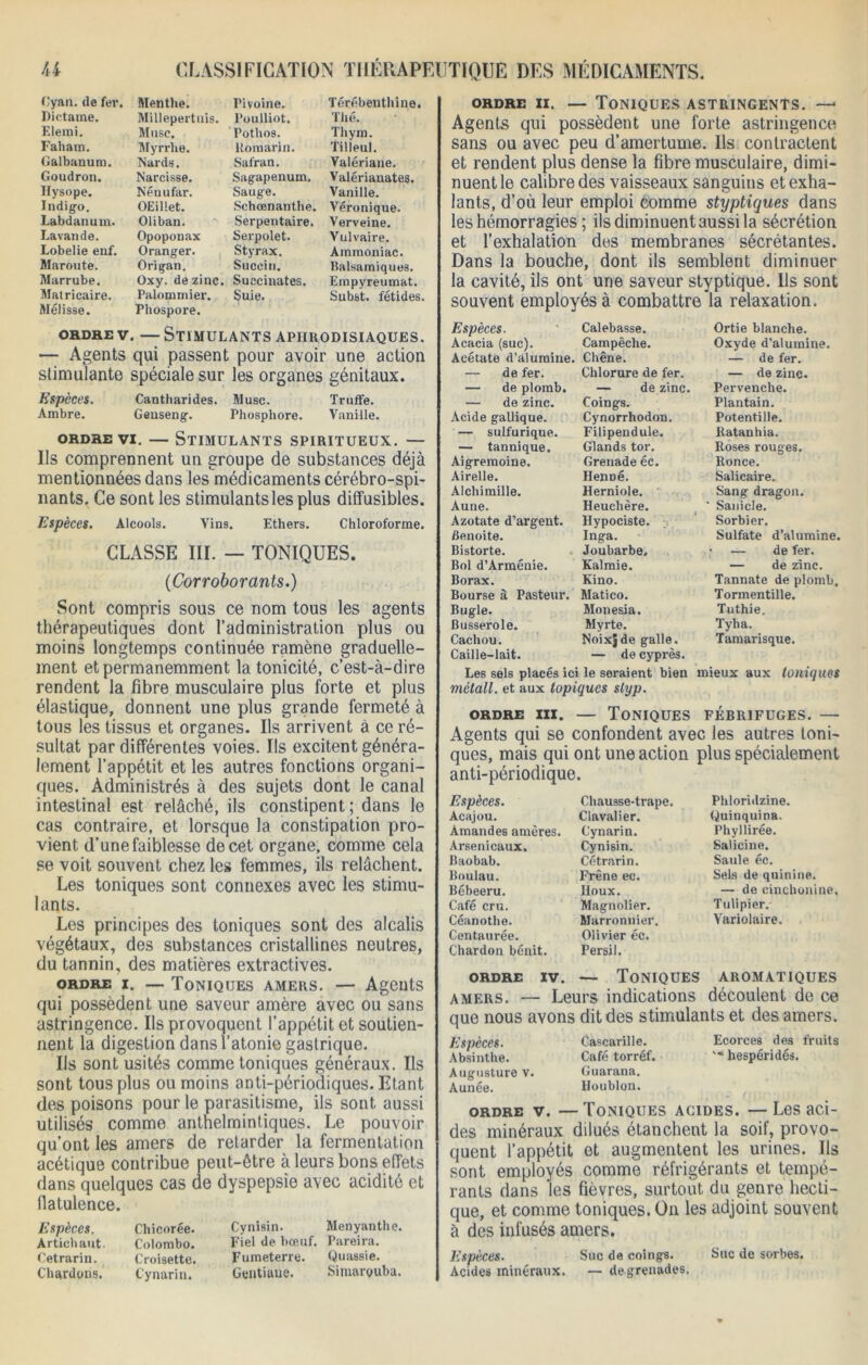 Cyan. de fer. Menthe. Pivoine. Térébenthine. Dictante. Millepertuis. Poulliot. Thé. Elemi. Musc. Pothos. Thym. Faham. Myrrhe. Romarin. Tilleul. Galbanum. Nards. Safran. Valériane. Goudron. Narcisse. Sagapenuin. Valérianates. Hysope. Nénufar. Sauge. Vanille. Indigo. OEillet. Schœnanthe. Véronique. Labdanum. Oliban. Serpentaire. Verveine. Lavande. Opoponax Serpolet. Vulvaire. Lobelie enf. Oranger. Styrax. Ammoniac. Maroute. Origan. Sucein. Balsamiques. Marrube. Oxy. de zinc. Succinates. Empyreumat. Subst. fétides. Matricaire. Mélisse. Palommier. Phospore. Suie. ordre v. — Stimulants aphrodisiaques. — Agents qui passent pour avoir une action stimulante spéciale sur les organes génitaux. Espèces. Cantharides. Musc. Truffe. Ambre. Genseng. Phosphore. Vanille. ordre vi. — Stimulants spiritueux. — Us comprennent un groupe de substances déjà mentionnées dans les médicaments cérébro-spi- nants. Ce sont les stimulantslesplus diffusibles. Espèces. Alcools. Vins. Ethers. Chloroforme. CLASSE III. — TONIQUES. (Corroborants.) Sont compris sous ce nom tous les agents thérapeutiques dont l’administration plus ou moins longtemps continuée ramène graduelle- ment etpermanemment la tonicité, c’est-à-dire rendent la fibre musculaire plus forte et plus élastique, donnent une plus grande fermeté à tous les tissus et organes. Us arrivent à ce ré- sultat par différentes voies. Us excitent généra- lement l’appétit et les autres fonctions organi- ques. Administrés à des sujets dont le canal intestinal est relâché, ils constipent; dans le cas contraire, et lorsque la constipation pro- vient d’une faiblesse de cet organe, comme cela se voit souvent chez les femmes, ils relâchent. Les toniques sont connexes avec les stimu- lants. Les principes des toniques sont des alcalis végétaux, des substances cristallines neutres, du tannin, des matières extractives. ordre i. — Toniques amers. — Agents qui possèdent une saveur amère avec ou sans astringence. Us provoquent l’appétit et soutien- nent la digestion dans l’atonie gastrique. Us sont usités comme toniques généraux. Us sont tous plus ou moins anti-périodiques. Etant des poisons pour le parasitisme, ils sont aussi utilisés comme anthelmintiques. Le pouvoir qu’ont les amers de retarder la fermentation acétique contribue peut-être à leurs bons effets dans quelques cas de dyspepsie avec acidité et flatulence. Espèces. Artichaut. Cetrarin. Chardons. Chicorée. Cynisin. Menyanthe. Colombo. Fiel de bœuf. Pareira. Croisette. Fumeterre. Quassie. Cynarin. Gentiane. Sirnarouba. ordre ii. — Toniques astringents. —> Agents qui possèdent une forte astringence sans ou avec peu d’amertume. Ils contractent et rendent plus dense la fibre musculaire, dimi- nuent le calibre des vaisseaux sanguins et exha- lants, d’où leur emploi comme styptiques dans les hémorragies ; ils diminuent aussi la sécrétion et l’exhalation des membranes sécrétantes. Dans la bouche, dont ils semblent diminuer la cavité, ils ont une saveur styptique. Us sont souvent employés à combattre la relaxation. Espèces. Calebasse. Ortie blanche. Acacia (suc). Acétate d’alumine. Campêche. Oxyde d’alumine. Chêne. — de fer. — de fer. Chlorure de fer. — de zinc. — de plomb. — de zinc. Pervenche. — de zinc. Coings. Plantain. Acide gallique. Cynorrhodon. Potentille. — sulfurique. Filipendule. Ratanhia. — tannique. Glands tor. Roses rouges. Aigremoine. Grenade éc. Ronce. Airelle. Henné. Salicaire. Alcliimille. Herniole. Sang dragon. Aune. Heuchère. ' Sanicle. Azotate d’argent. Hypociste. Sorbier. Benoîte. Inga. Sulfate d’alumine. Bistorte. Joubarbe, — de fer. Bol d’Arménie. Kalmie. — de zinc. Borax. Kino. Tannate de plomb. Bourse à Pasteur. Matico. Tormentille. Bugle. Monesia. Tuthie. Busserole. Myrte. Tyha. Cachou. Caille-lait. Noixjde galle. — de cyprès. Tamarisque. Les sels placés ici le seraient bien mieux aux toniques métall. et aux topiques styp. ordre iii. — Toniques fébrifuges. — Agents qui se confondent avec les autres toni- ques, mais qui ont une action plus spécialement anti-périodique. Espèces. Acajou. Amandes amères. Arsenicaux. Baobab. Boulau. Bébeeru. Café cru. Céanothe. Centaurée. Chardon bénit. Chausse-trape. Clavalier. Cynarin. Cynisin. Cétrarin. Frêne ec. Houx. Magnolier. Marronnier. Olivier éc. Persil. Phloridzine. Quinquina. Phyllirée. Salicine. Saule éc. Sels de quinine. — de cinchonine. Tulipier.- Yariolaire. ordre iv. — Toniques aromatiques amers. — Leurs indications découlent de ce que nous avons dit des stimulants et des amers. Espèces. Cascarille. Ecorces des fruits Absinthe. Café torréf. bespéridés. Augusture v. Guarana. Aunée. Houblon. ordre v. —Toniques acides. —Les aci- des minéraux dilués étanchent la soif, provo- quent l’appétit et augmentent les urines. Ils sont employés comme réfrigérants et tempé- rants dans les fièvres, surtout du genre hecti- que, et comme toniques. On les adjoint souvent à des infusés amers. Espèces. Suc de coings. Suc de sorbes. Acides minéraux. — degrenades.
