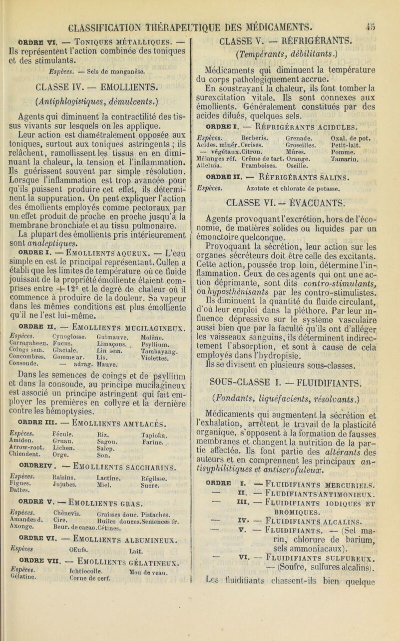 ordre vi. — Toniques métalliques. — Ils représentent l’action combinée des toniques et des stimulants. Espèces. — Sels de manganèse. CLASSE IV. — EMOLLIENTS. (Antiphlogistiques, démulcents.) Agents qui diminuent la contractilité des tis- sus vivants sur lesquels on les applique. Leur action est diamétralement opposée aux toniques, surtout aux toniques astringents ; ils relâchent, ramollissent les tissus en en dimi- nuant la chaleur, la tension et l'inflammation. Ils guérissent souvent par simple résolution. Lorsque l’inflammation est trop avancée pour qu’ils puissent produire cet effet, ils détermi- nent la suppuration. On peut expliquer l’action des émollients employés comme pectoraux par un effet produit de proche en proche jusqu’à la membrane bronchiale et au tissu pulmonaire. La plupart des émollients pris intérieurement sont analeptiques. ordre i. —Emollients aqueux. — L’eau simple en est le principal représentant. Cullen a établi que les limites de température où ce fluide jouissait de la propriété émolliente étaient com- prises entre -M2C et le degré de chaleur où il commence à produire de la douleur. Sa vapeur dans les mêmes conditions est plus émolliente qu’il ne l’est lui-même. ordre h. _ Emollients mucilagïnetjx. Espèces. Cynoglosse. Guimauve. Molène. Carragaheen. Fucus. Limaçons. Psyllium. Coings sem. Glaciale. Lin sem. ' Tambayang. Concombres. Gomme ar. Lis. Violettes. Consoude. — adrag. Mauve. Dans les semences de coings et de psyllium et dans la consoude, au principe mucilagineux est associé un principe astringent qui fait em- ployer les premières en collyre et la dernière contre les hémoptysies. ordre in. — Emollients amylacés. Espèces. Fécule. Riz. Tapiotca. Amidon. Gruau. Sagou, Farine. Arrow-root. Lichen. Salep. Chiendent. Orge. Son. ordreiv. —Emollients saccharins. Espèces. Raisins. Lactine. Réglisse. Figues. Jujubes. Miel. Sucre. Dattes. ordre v. — Emollients gras. Espèces. Chènevis. Graisses doue. Pistaches. Amandes d. Cire. Huiles douces.Semences fr. Axonge. Beur. de cacao.Cétines. ordre vi. — Emollients albumineux. Espèces OEufs. Lait. ordre vii. — Emollients gélatineux. Espèces. Ichtiocolle. Mou de veau. Gélatine. Corne de cerf. CLASSE V. — RÉFRIGÉRANTS. (Tempérants, débilitants.) Médicaments qui diminuent la température du corps pathologiquement accrue. En soustrayant la chaleur, ils font tomber la surexcitation vitale. Ils sont connexes aux émollients. Généralement constitués par des acides dilués, quelques sels. orprei. — Réfrigérants acidulés. Espèces. Berberis. Grenade. Oxal. de pot. Acides, miner.Cerises. Groseilles. Petit-lait. — végétaux.Citron. Mûres. Pomme. Mélanges réf. Crème de tart. Orange. Tamarin. Alléluia. Framboises. Oseille. ordre ii. — Réfrigérants salins. Espèces. Azotate et chlorate de potasse. CLASSE VI. - ÉVACUANTS. Agents provoquant l’excrétion, hors de l’éco- nomie, de matières solides ou liquides par un émonctoire quelconque. Provoquant la sécrétion, leur action sur les organes sécréteurs doit être celle des excitants. Cette action, poussée trop loin, détermine l’in- flammation. Ceux de ces agents qui ont une ac- tion déprimante, sont dits contro-stimulants, onhyposthénisants par les contro-stimulistes. > Ils diminuent la quantité du fluide circulant, d où leur emploi dans la pléthore. Par leur in- fluence dépressive sur le système vasculaire aussi bien que par la faculté qu’ils ont d’alléger les vaisseaux sanguins, ils déterminent indirec- tement l’absorption, et sont à cause de cela employés dans l’hydropisie. Ils se divisent en plusieurs sous-classes. SOUS-CLASSE I. — FLUIDIFIANTS. (Fondants, liquéfacients, résolvants.) Médicaments qui augmentent la sécrétion et l’exhalation, ^ arrêtent le travail de la plasticité organique, s’opposent à la formation de fausses membranes et changent la nutrition de la par- tie affectée. Ils font partie des altérants des auteurs et en comprennent les principaux an- tisyphilitiques et antiscrofuleux. ordre i. —Fluidifiants mercuriels. 11 • — Fludifiantsantimonieux. In* — Fluidifiants iodiques et bromiques. — iv. — Fluidifiants alcalins. — v. — Fluidifiants. — (Sel ma- rin, chlorure de barium, sels ammoniacaux). — vi. — Fluidifiants sulfureux. — (Soufre, sulfures alcalins). Les fluidiiiants chassent-ils bien quelque